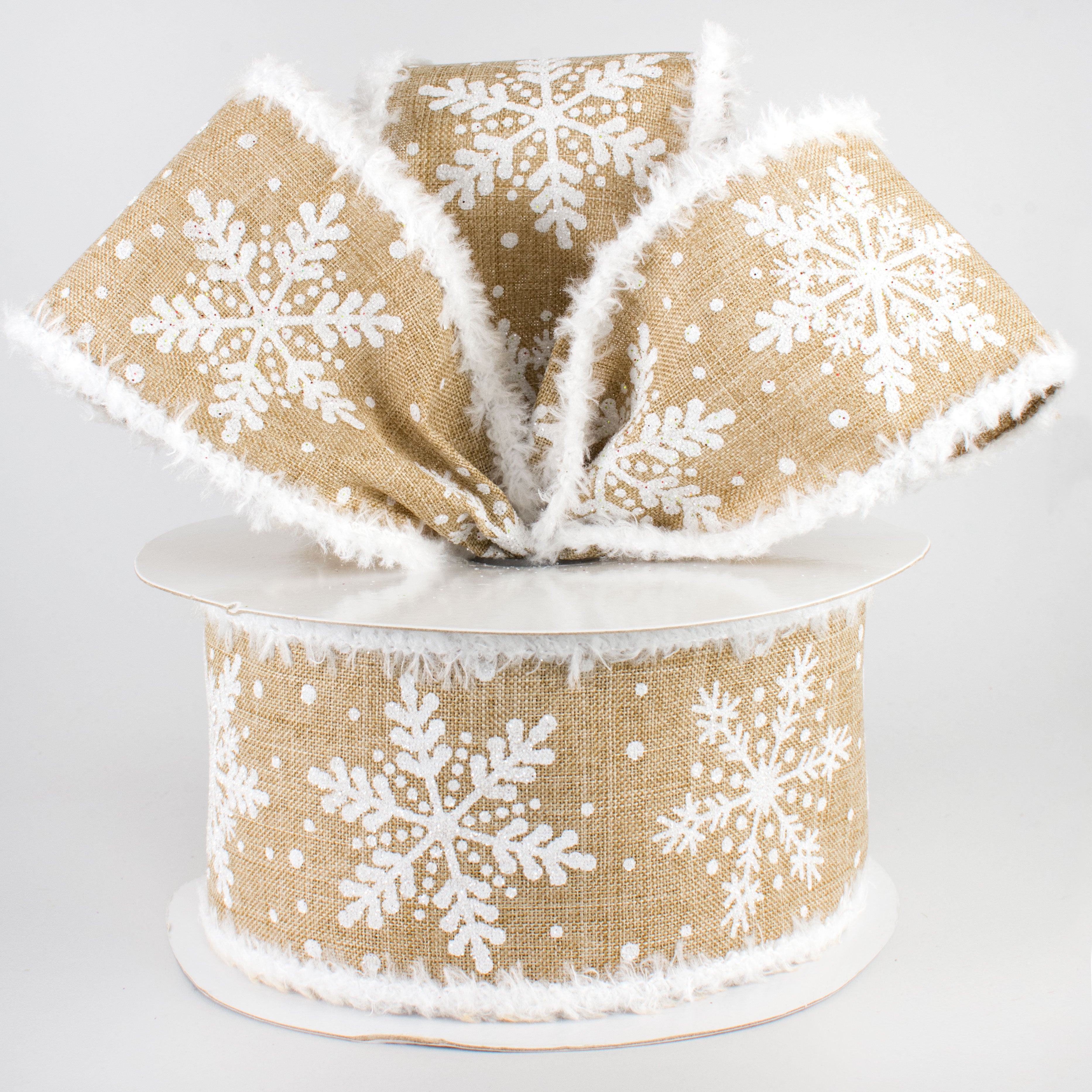 2.5" Glittered Snowflakes Snowdrift Ribbon: Light Beige (10 Yards) Lifestyle Photo