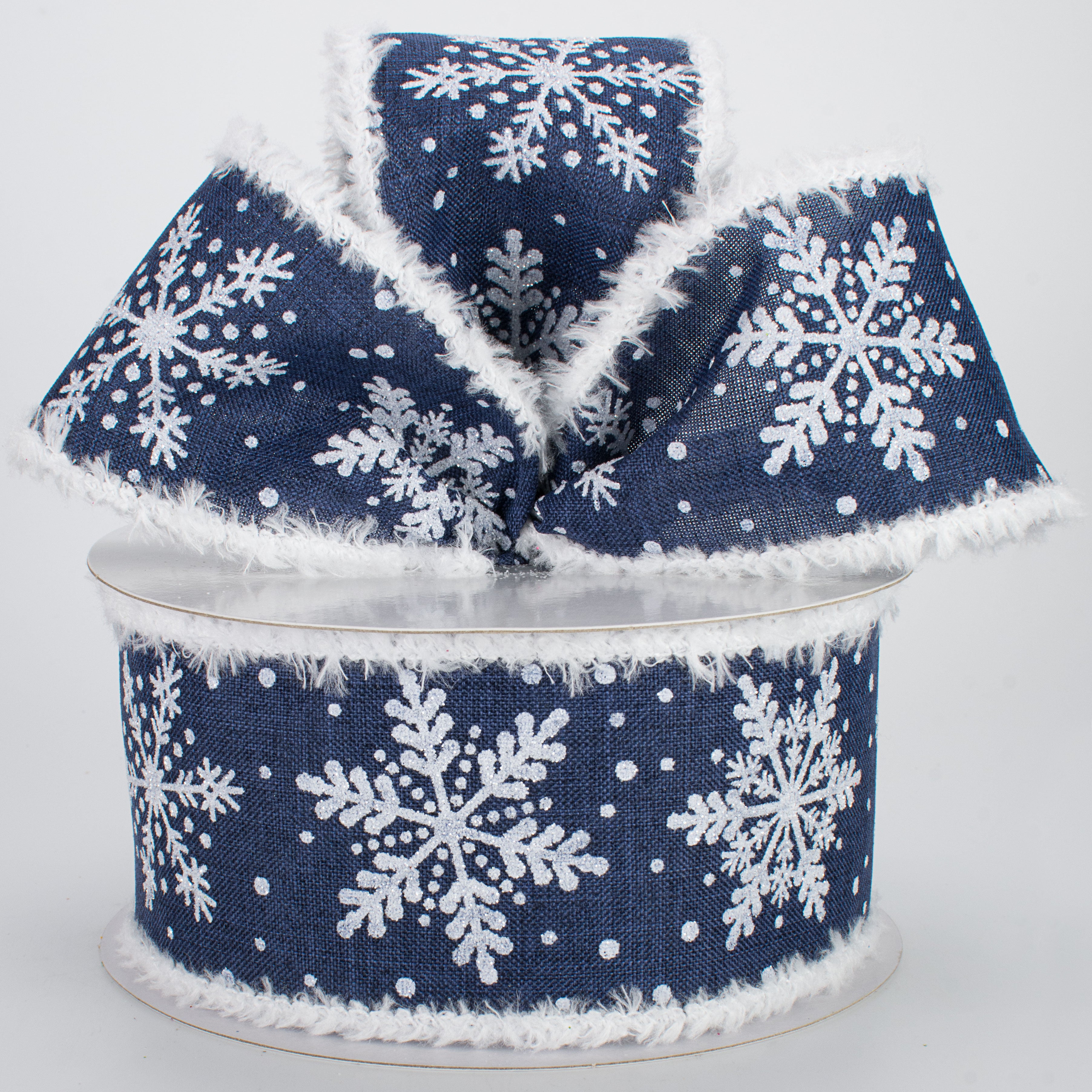 2.5" Glittered Snowflakes Snowdrift Ribbon: Navy Blue (10 Yards) Lifestyle Photo