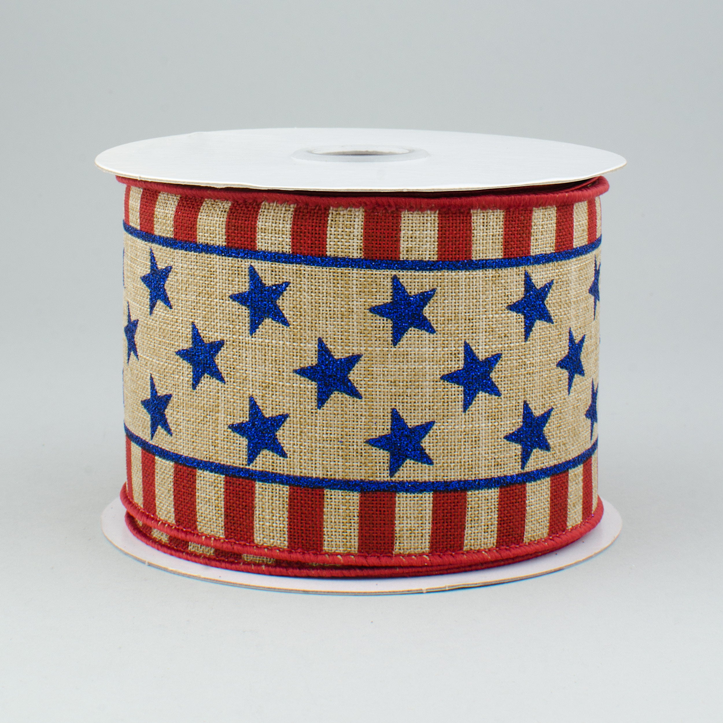 2.5" Glittered Stars & Stripes Royal Canvas Ribbon: Natural, Red, Blue (10 Yards)