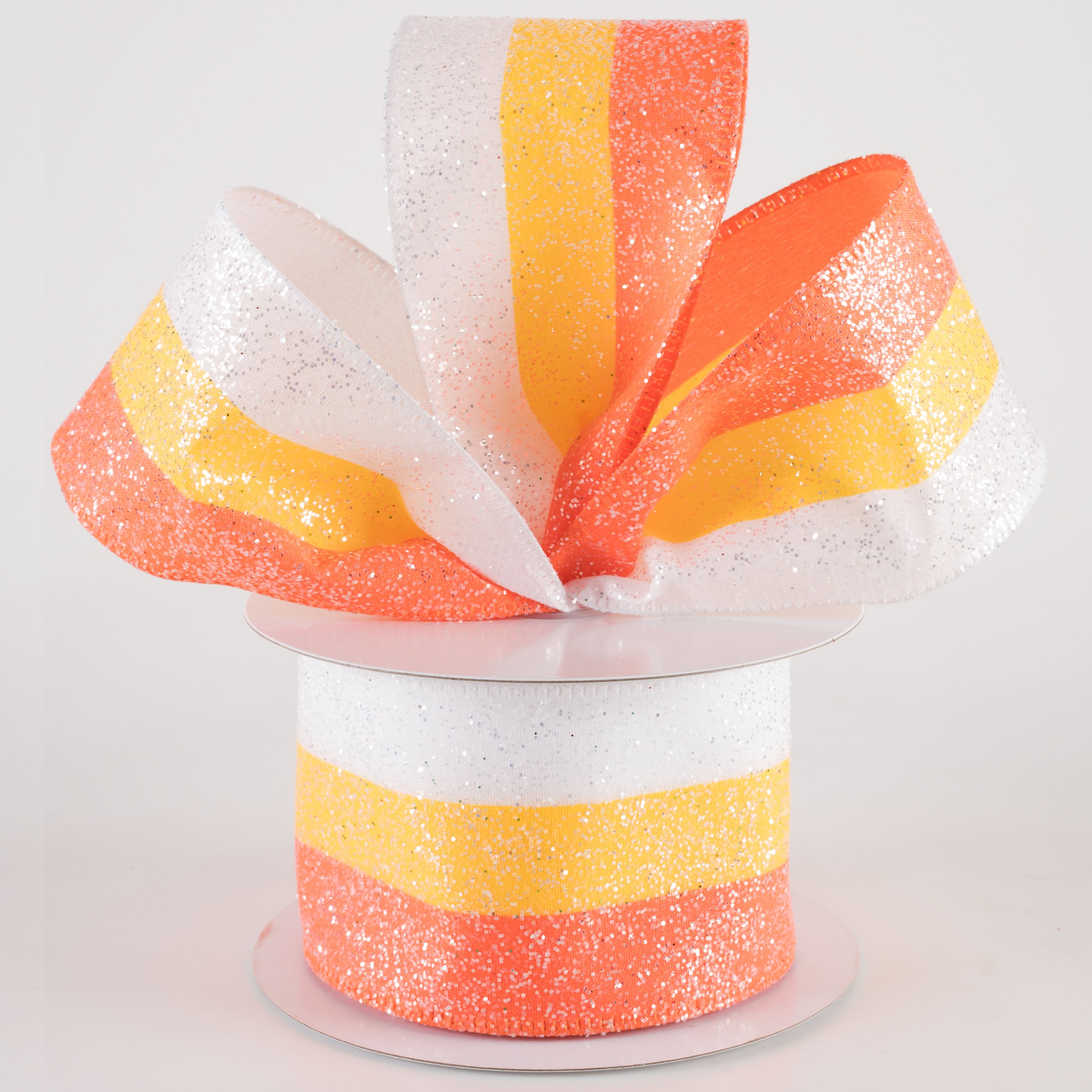 2.5" Glittered Stripes Ribbon: Candy Corn Hues (10 Yards) Lifestyle Photo