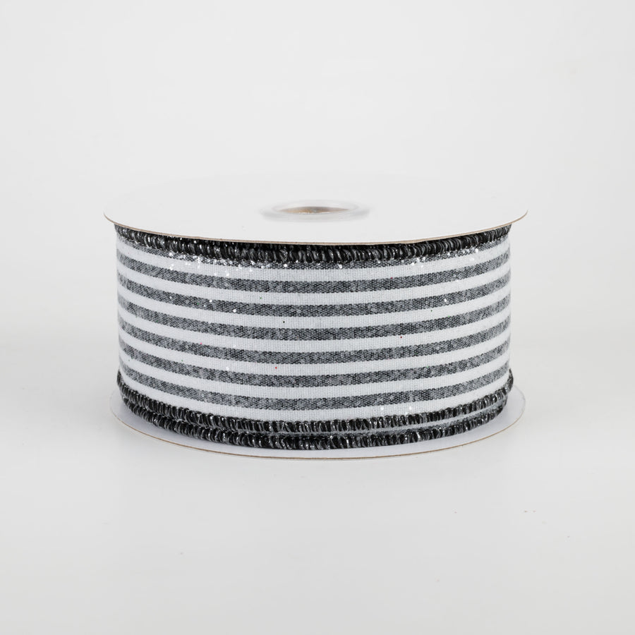 1.5" Glittered Vertical Stripes Ribbon: Black & White (10 Yards)