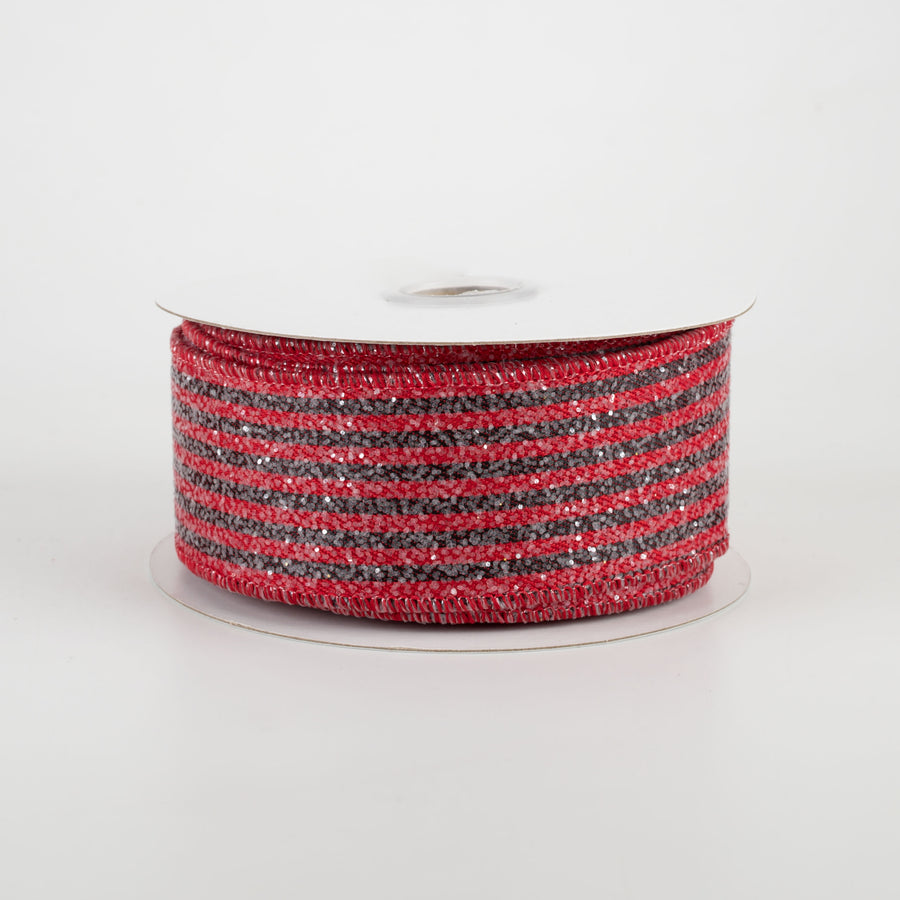 1.5" Glittered Vertical Stripes Ribbon: Red & Black (10 Yards)