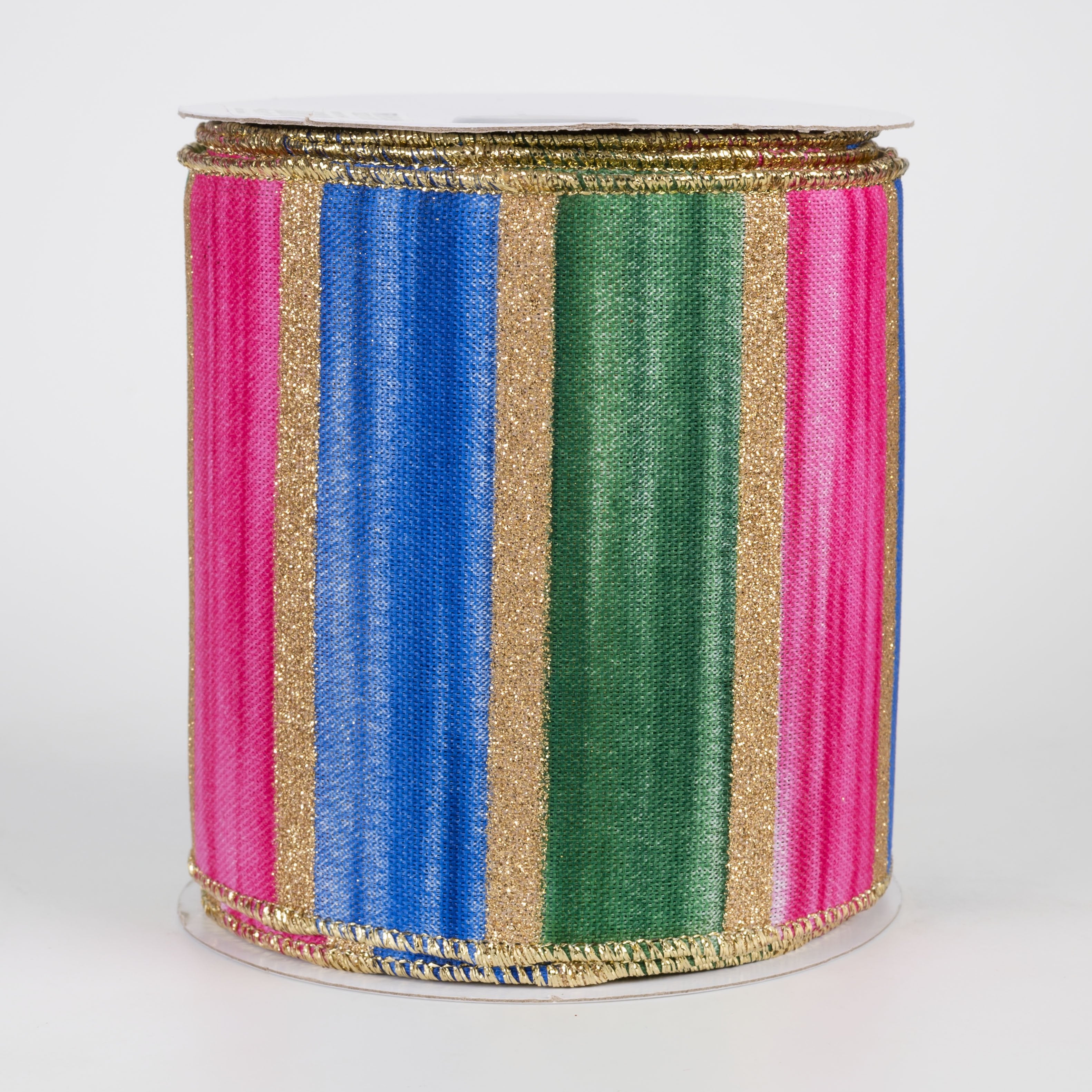 4" Glittered Watercolor Stripes Ribbon: Blue, Fuchsia, Green & Gold (10 Yards) Item Number: RGH1389RW