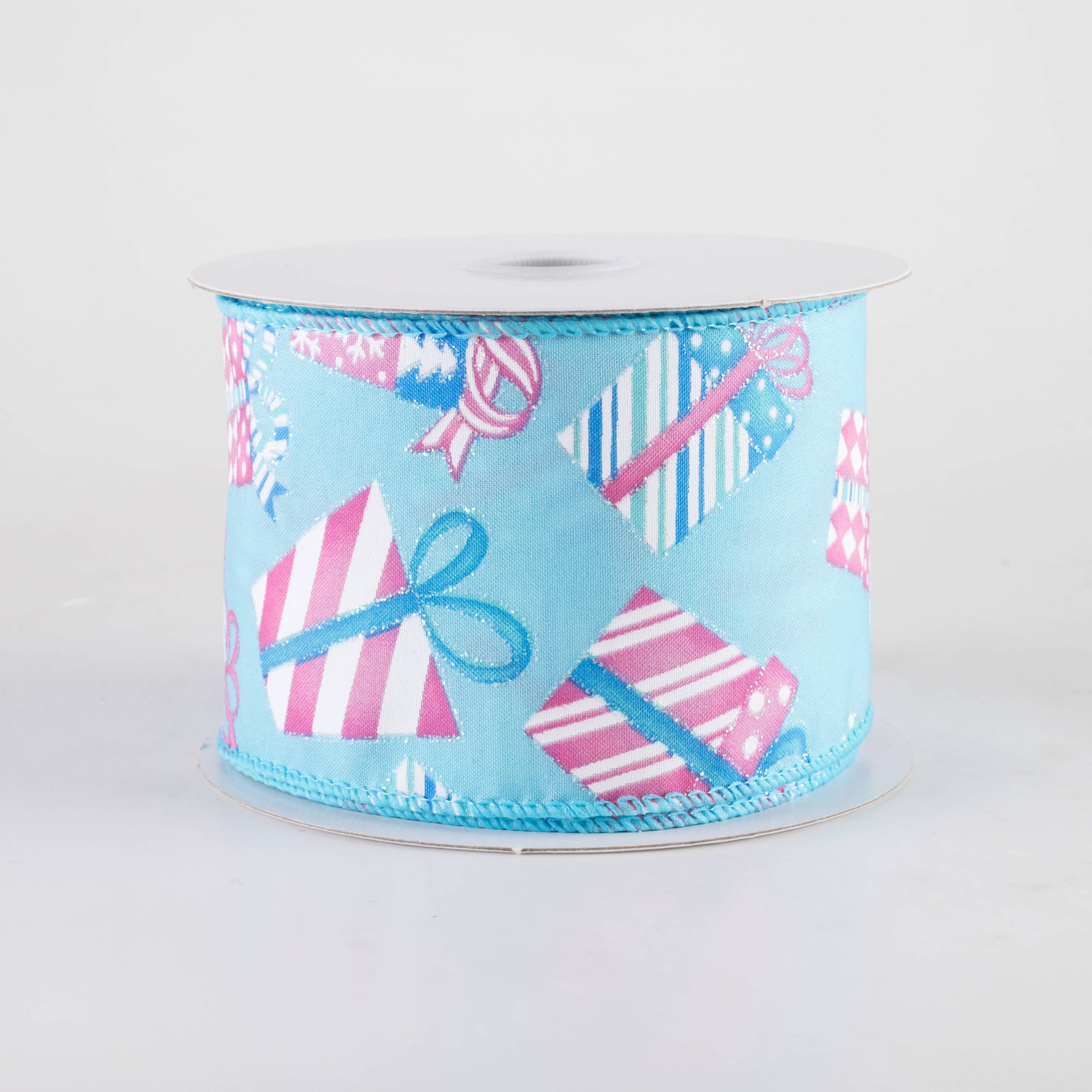 2.5" Glittered Wrapped Gifts Ribbon: Pink on Blue (10 Yards) Item Number: 71412-40-45