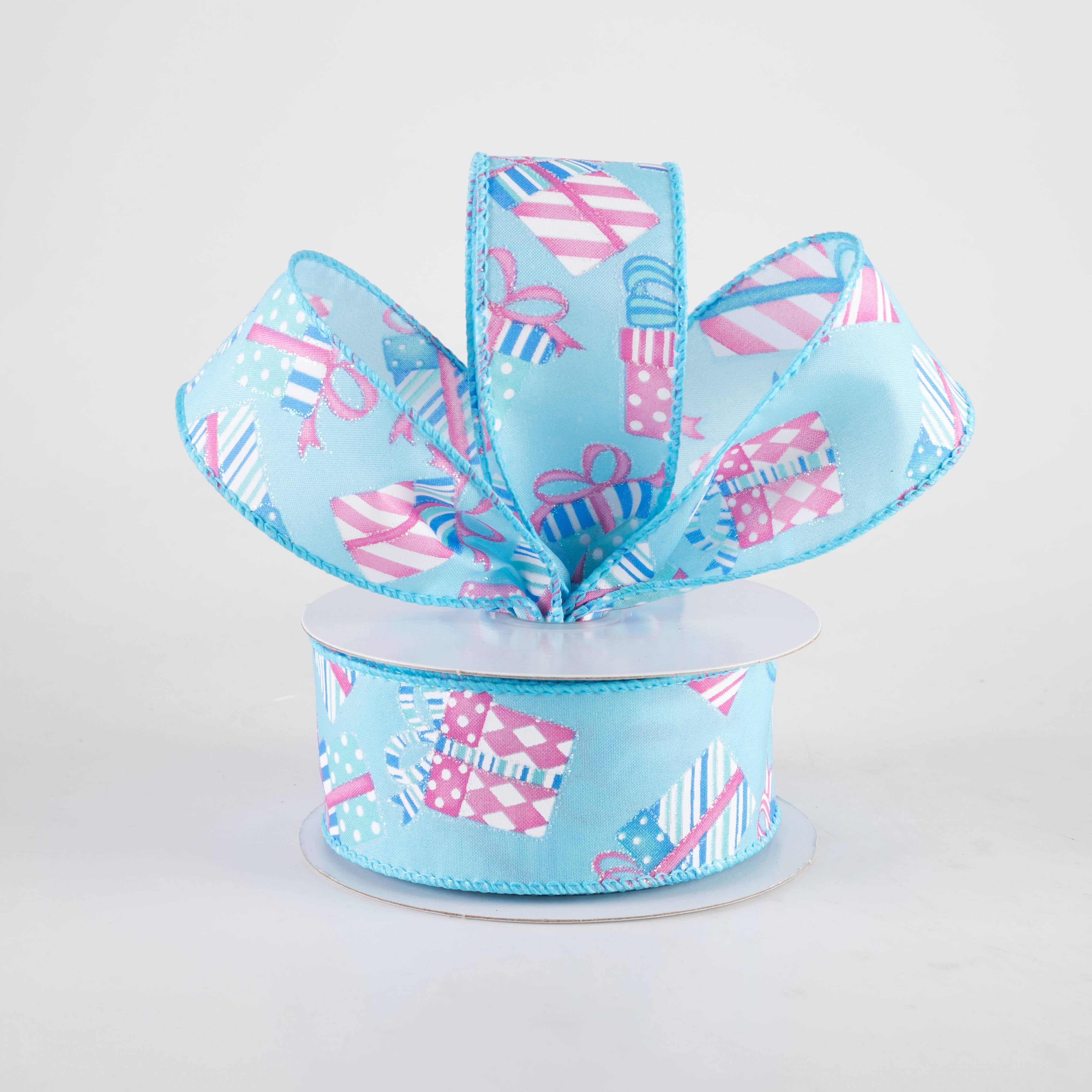 1.5" Glittered Wrapped Gifts Ribbon: Pink on Blue (10 Yards) Lifestyle Photo
