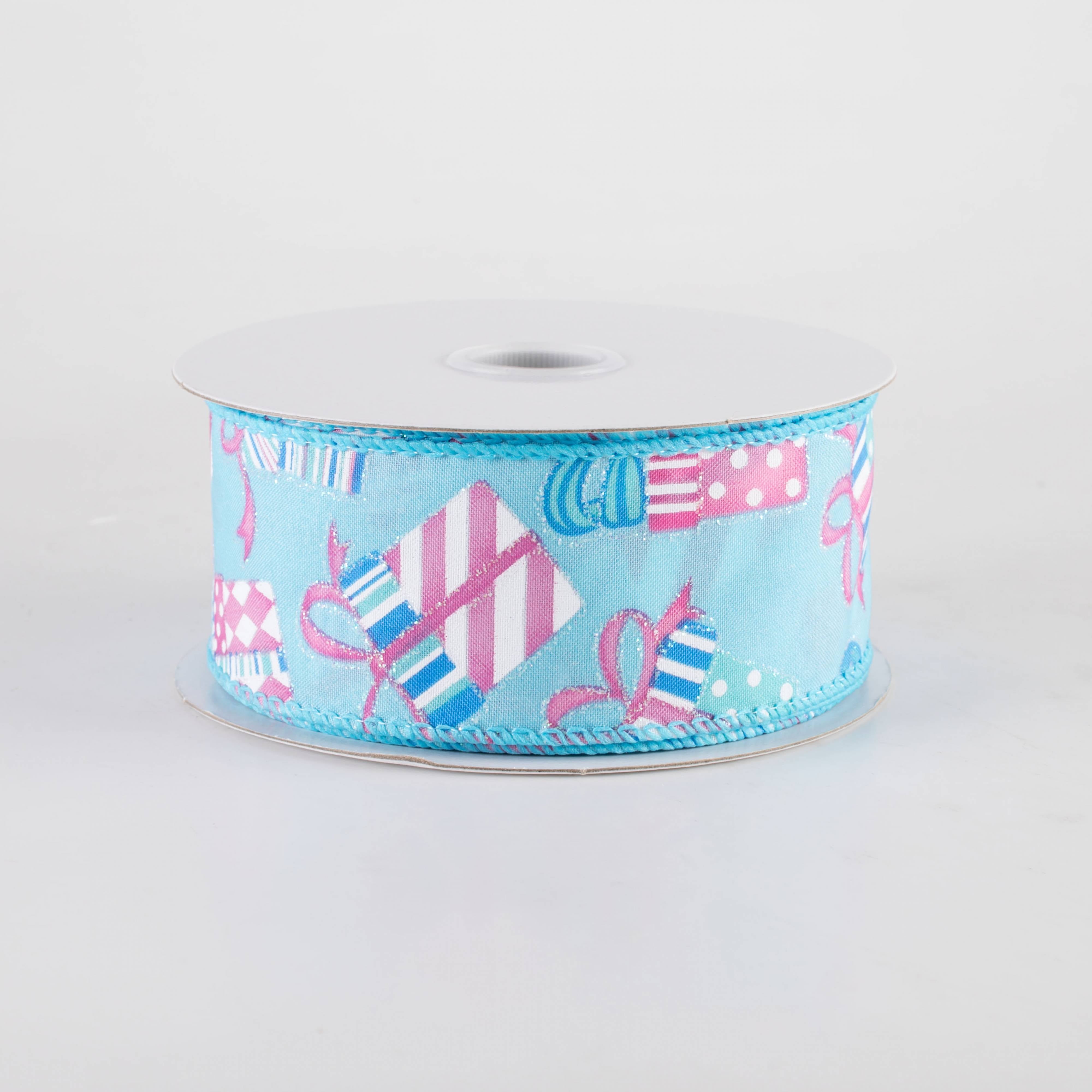 1.5" Glittered Wrapped Gifts Ribbon: Pink on Blue (10 Yards) Item Number: 71412-09-45