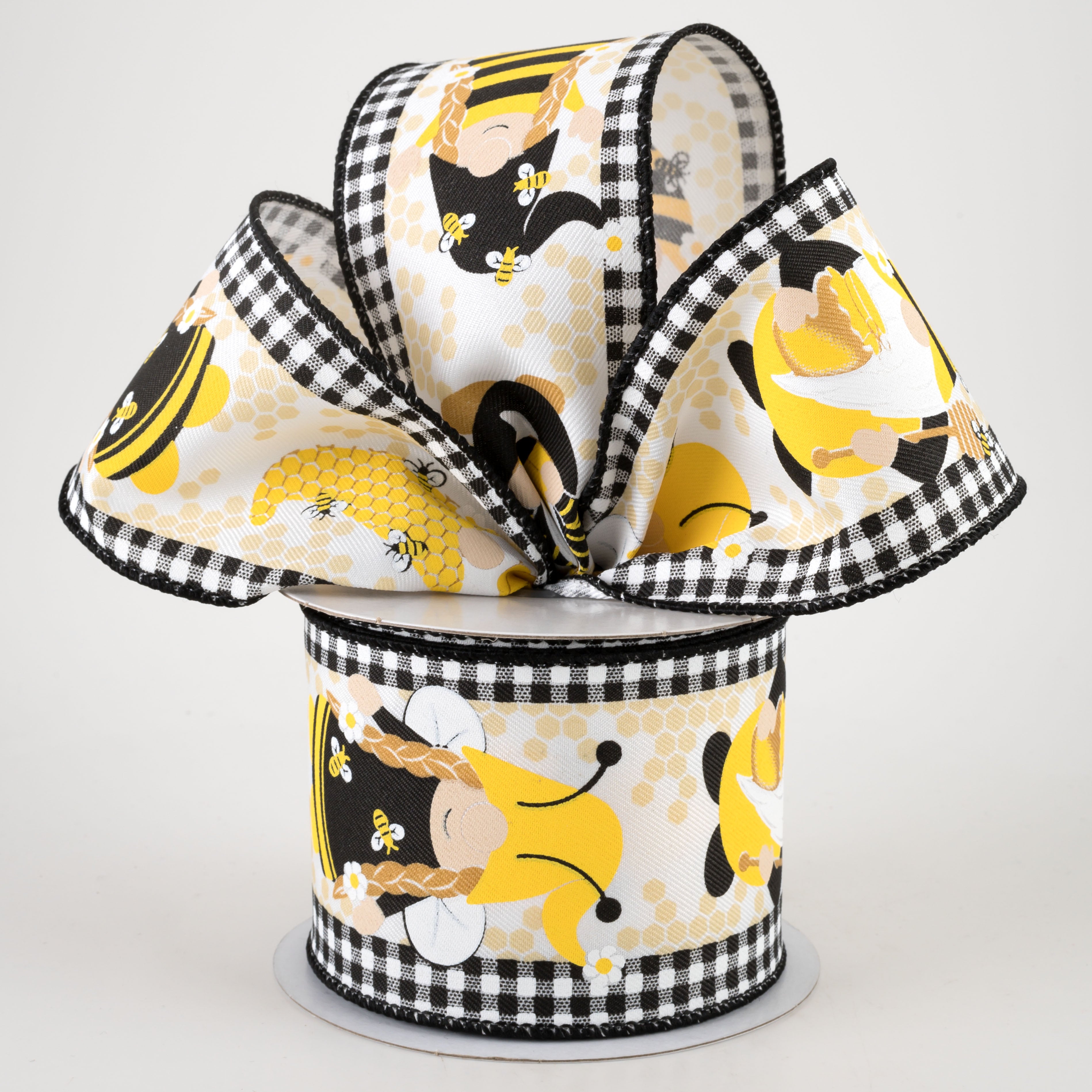2.5" Gnome with Bees on Gingham Ribbon: Black & White (10 Yards) Lifestyle Photo