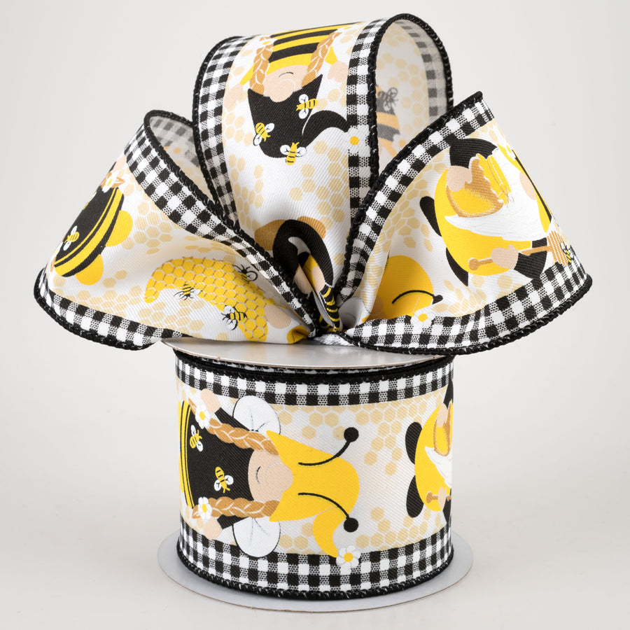 2.5" Gnome with Bees on Gingham Ribbon: Black & White (10 Yards) Lifestyle Photo