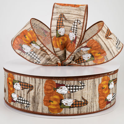 2.5" Gnomes & Orange Pumpkins Ribbon: Ivory Wood (50 Yards) Lifestyle Photo