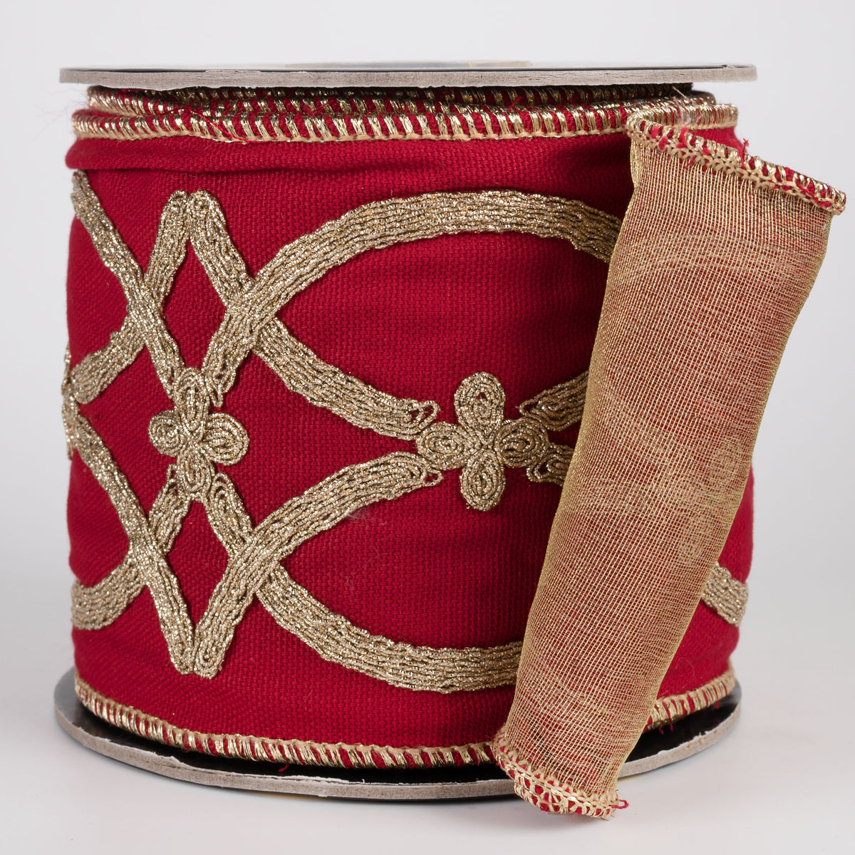 4" Gold Cord Damask Embroidered Canvas Ribbon with Tissue Back: Red & Gold (5 Yards) Item Number: RR0021