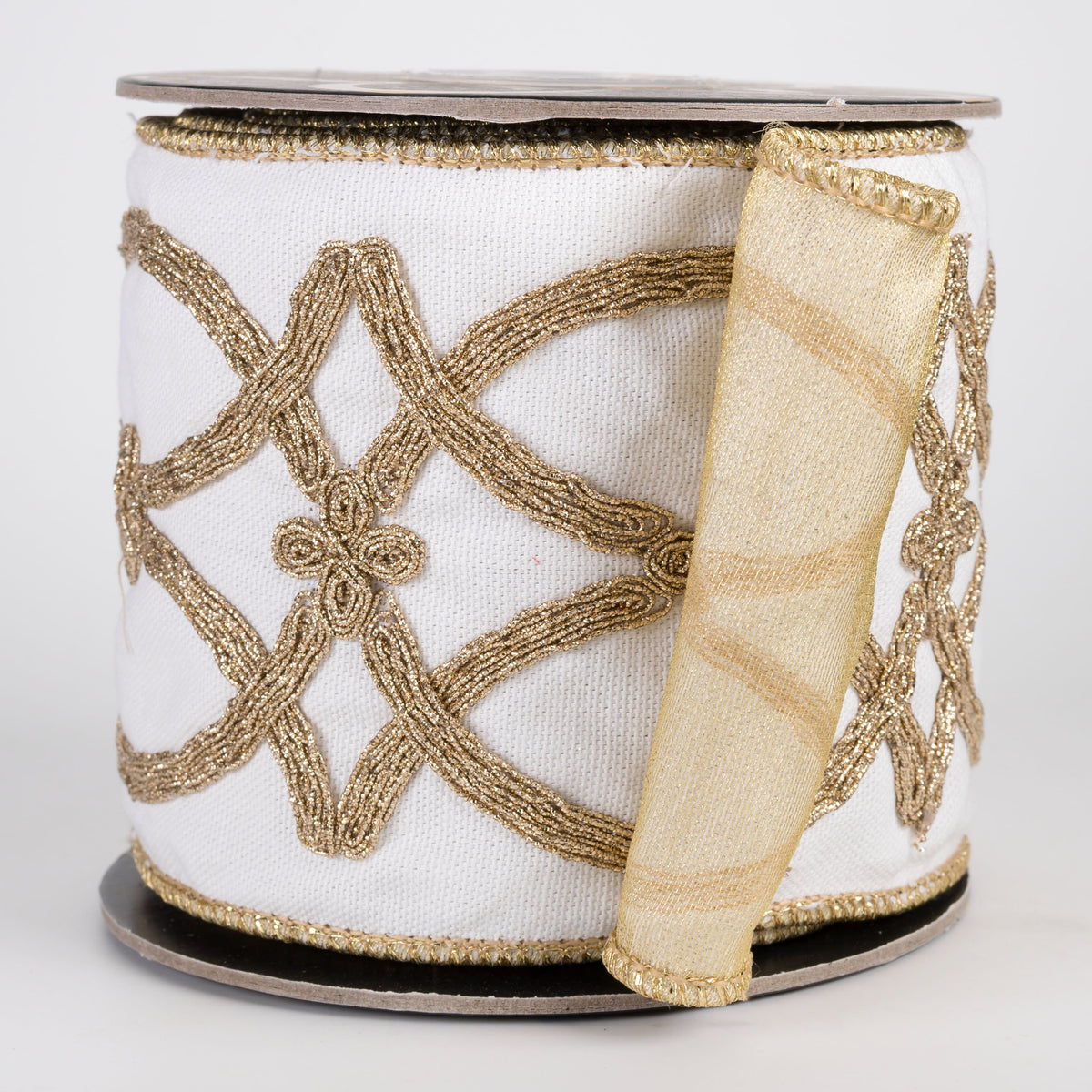 4" Gold Cord Damask Embroidered Canvas Ribbon with Tissue Back: White & Gold (5 Yards) Item Number: RR0044