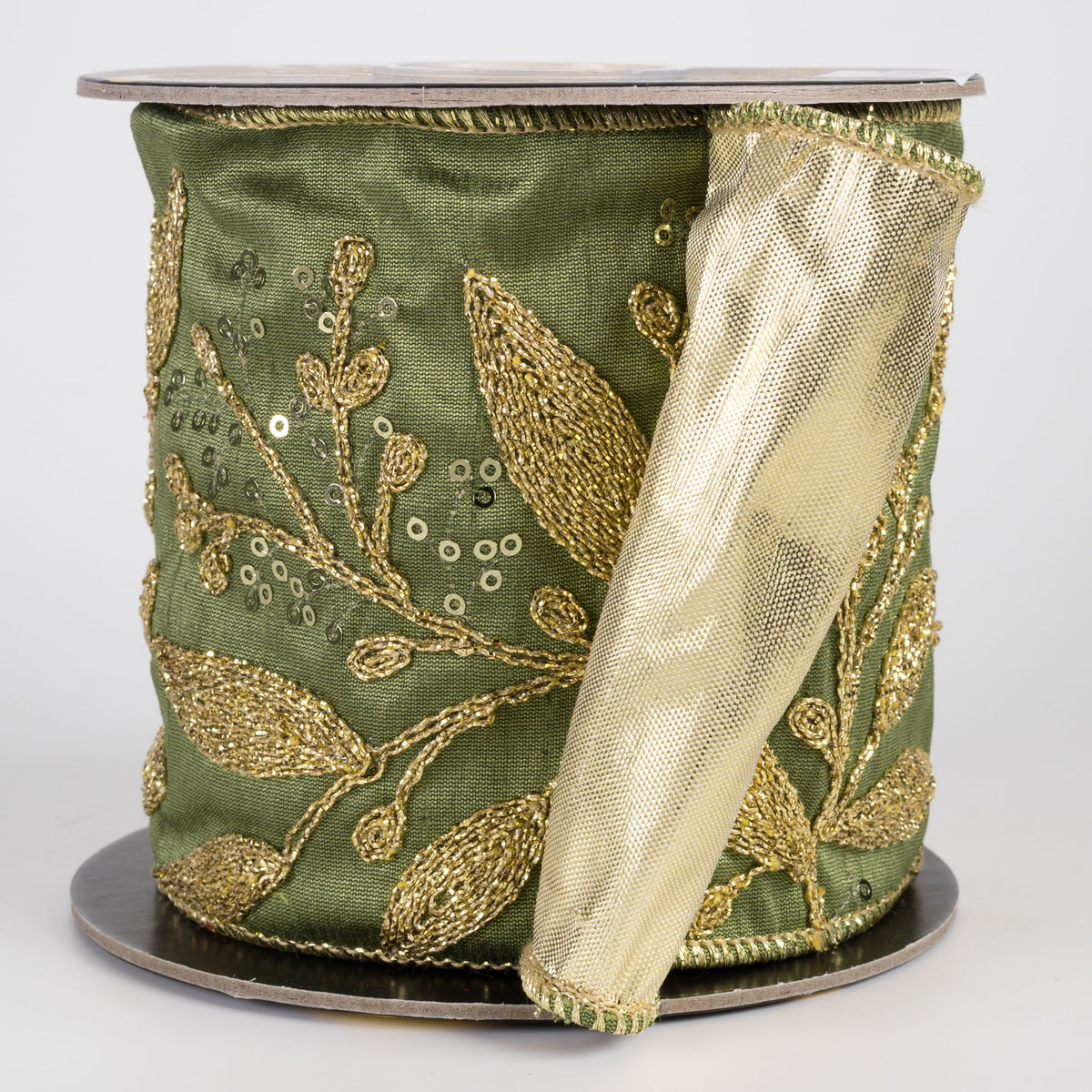 4" Gold Cord Leaf Embroidered Dupioni Ribbon with Metallic Back: Moss Green & Gold (5 Yards) Item Number: RR0034