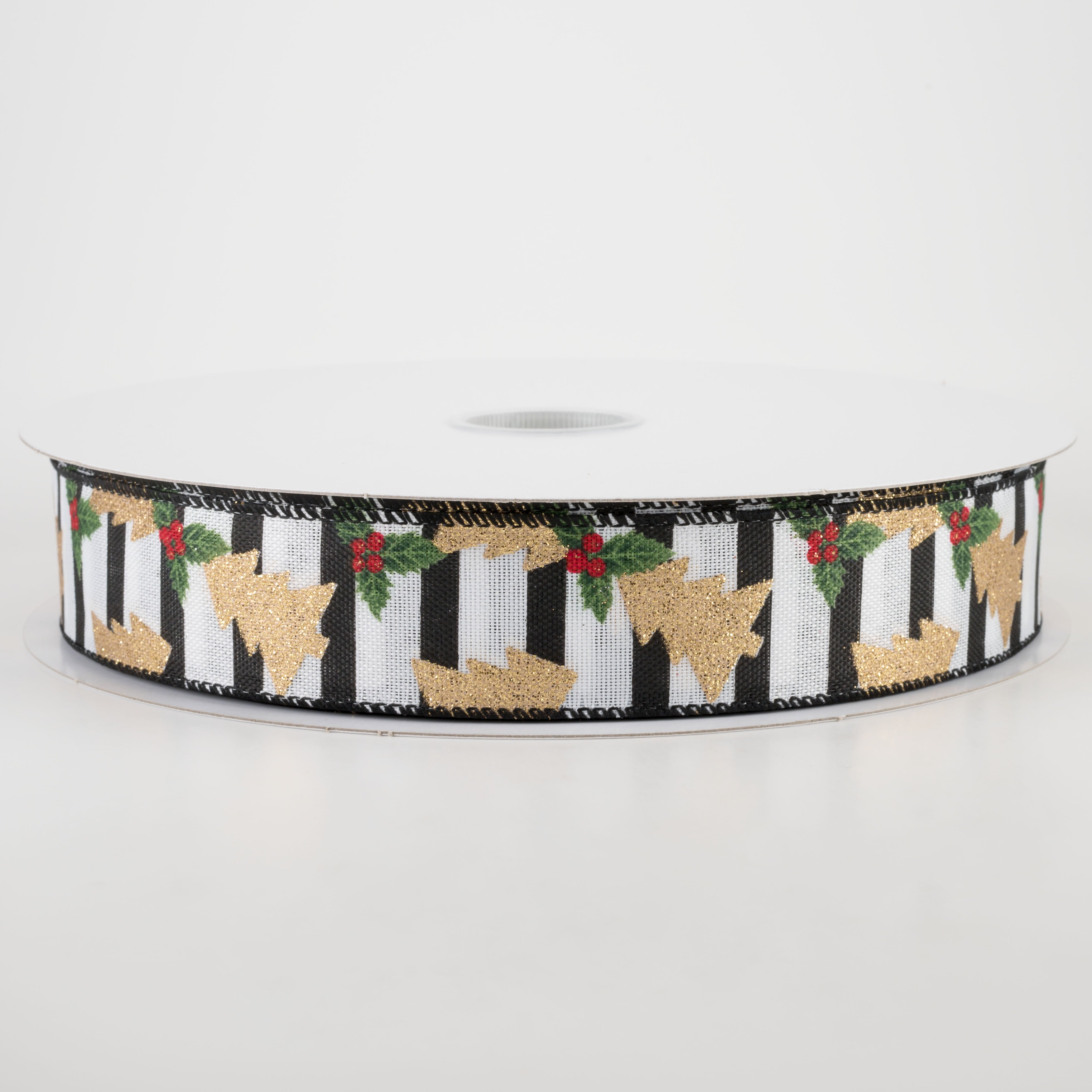 1.5" Gold Glitter Christmas Tree On Stripe Ribbon (50 Yards)