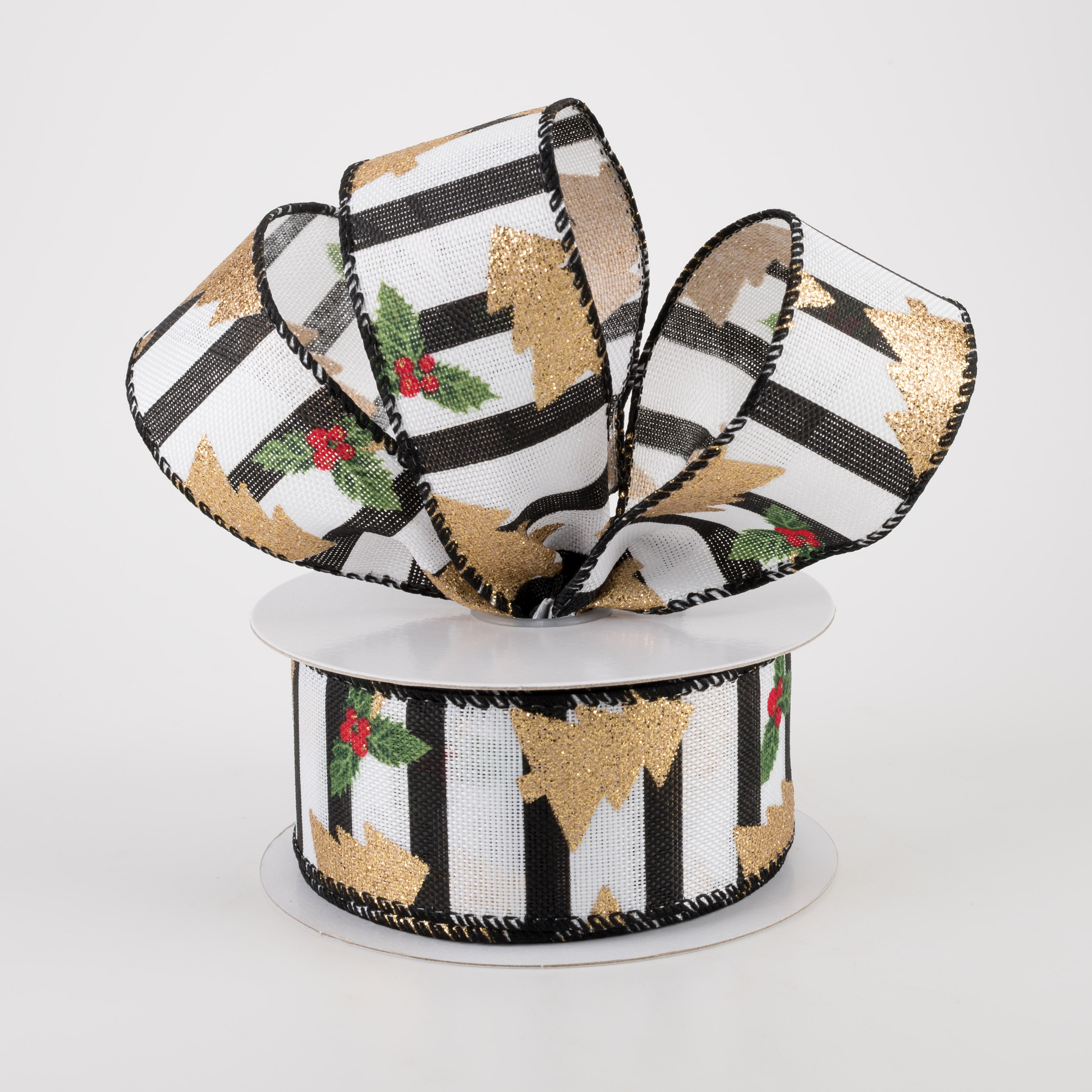 1.5" Gold Glitter Christmas Tree On Stripe Ribbon (10 Yards) Lifestyle Photo
