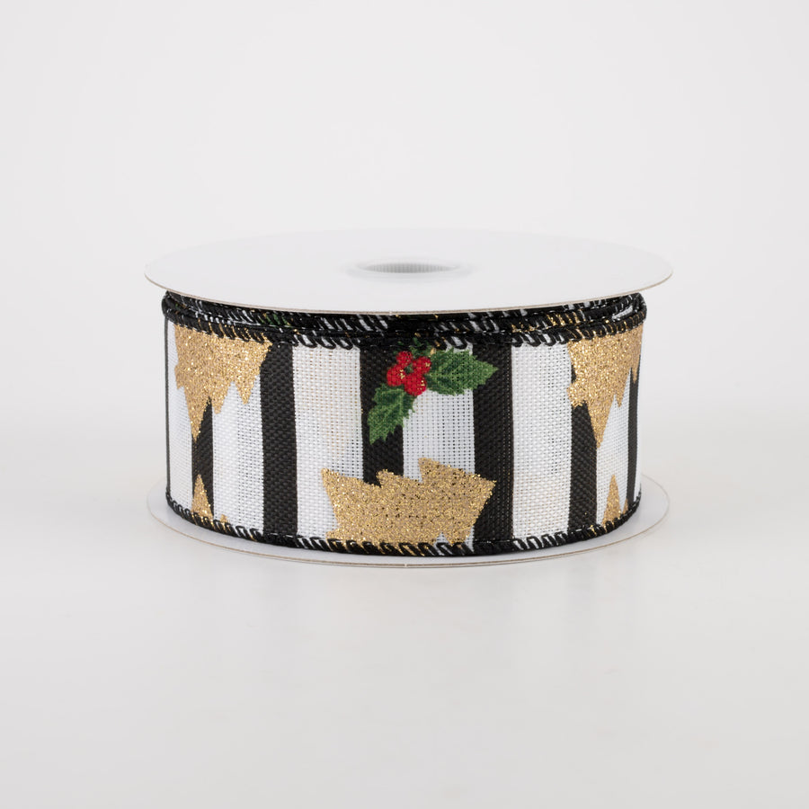 1.5" Gold Glitter Christmas Tree On Stripe Ribbon (10 Yards) Item Number: 72145-09-21