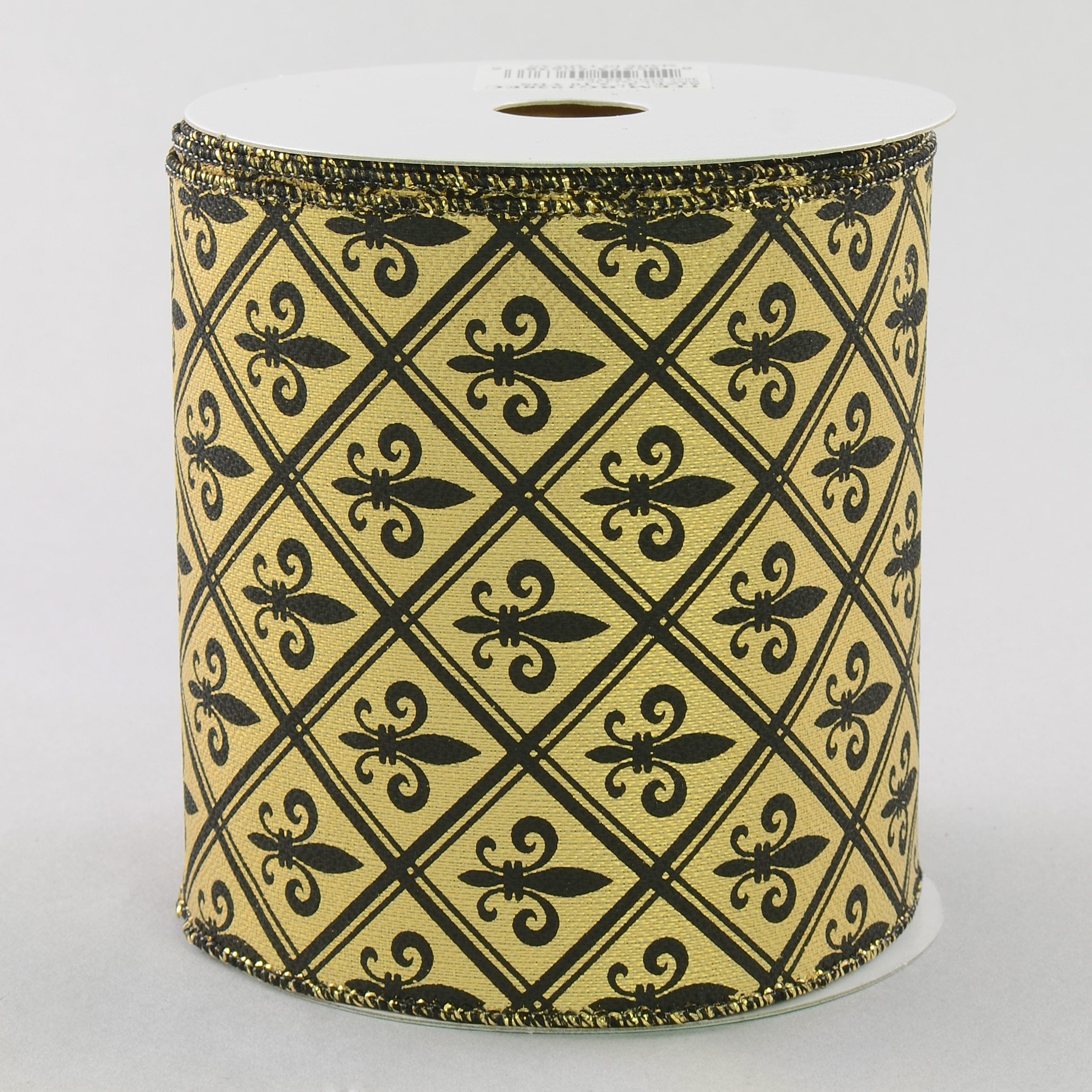 4" Gold Lamé Harlequin Fleur De Lis Ribbon: Black & Gold (10 Yards)
