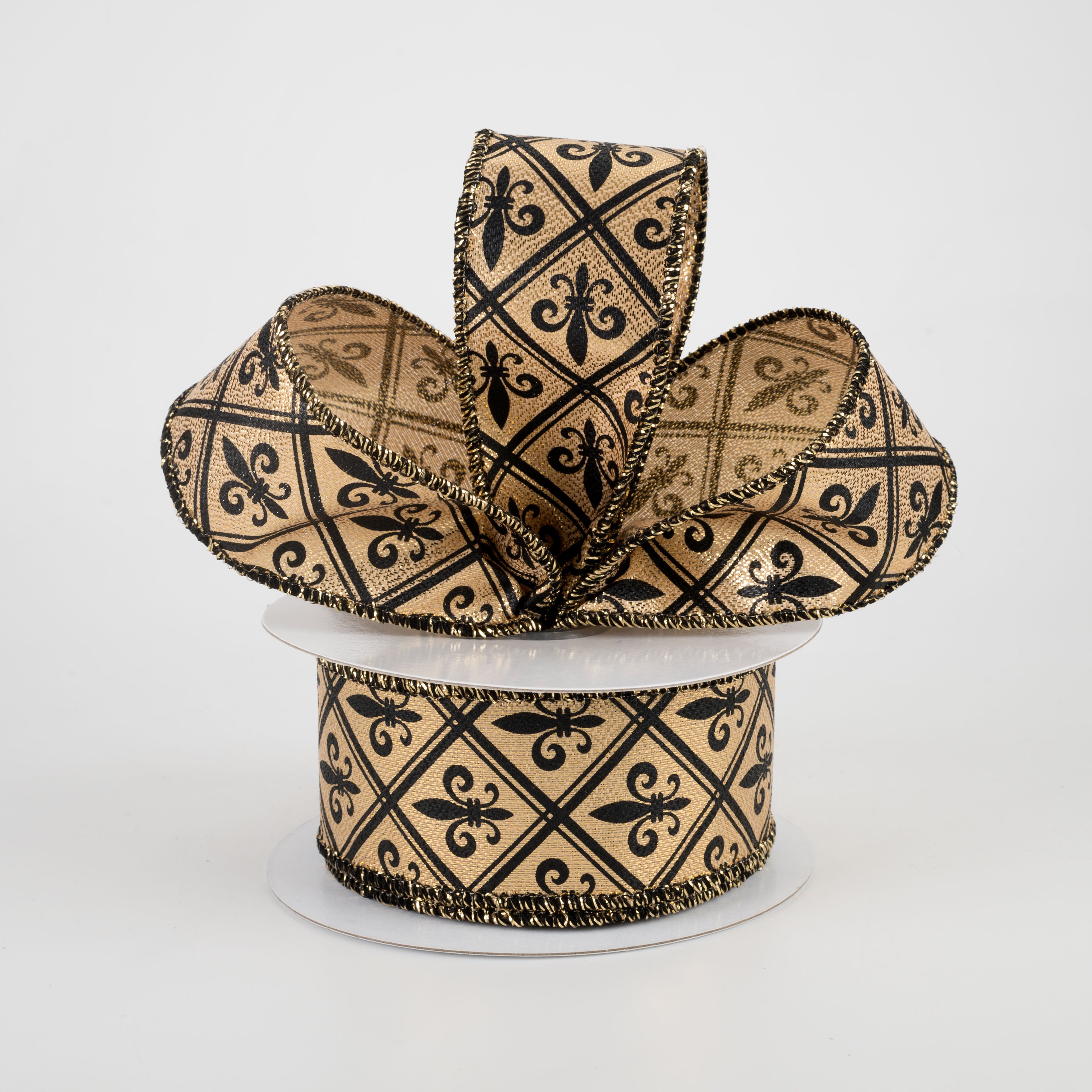 1.5" Gold Lamé Harlequin Fleur De Lis Ribbon: Black & Gold (10 Yards) Lifestyle Photo