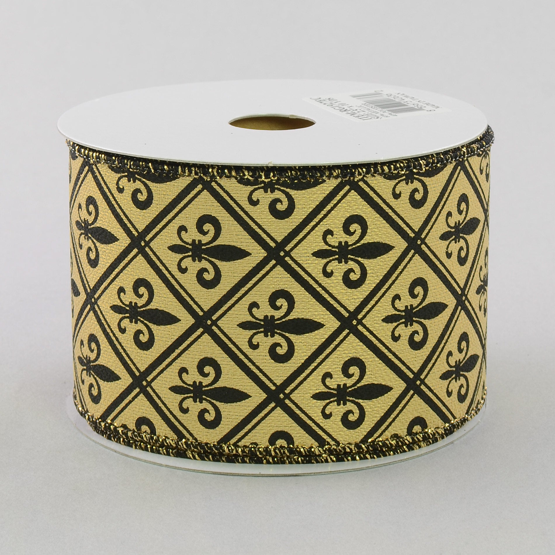 2.5" Gold Lamé Harlequin Fleur De Lis Ribbon: Black & Gold (10 Yards)