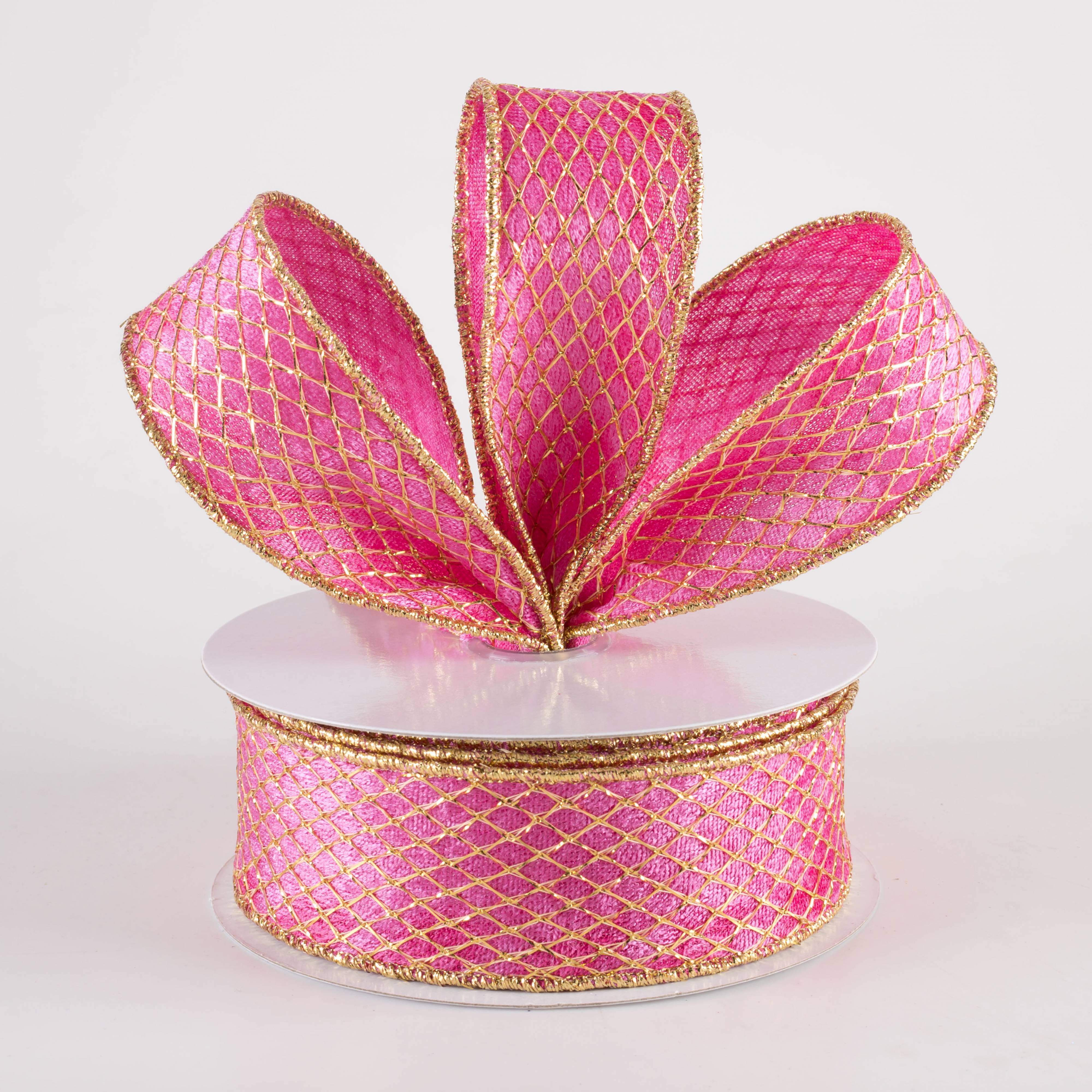 1.5" Gold Net Overlay Velvet Ribbon: Pink (10 Yards) Lifestyle Photo