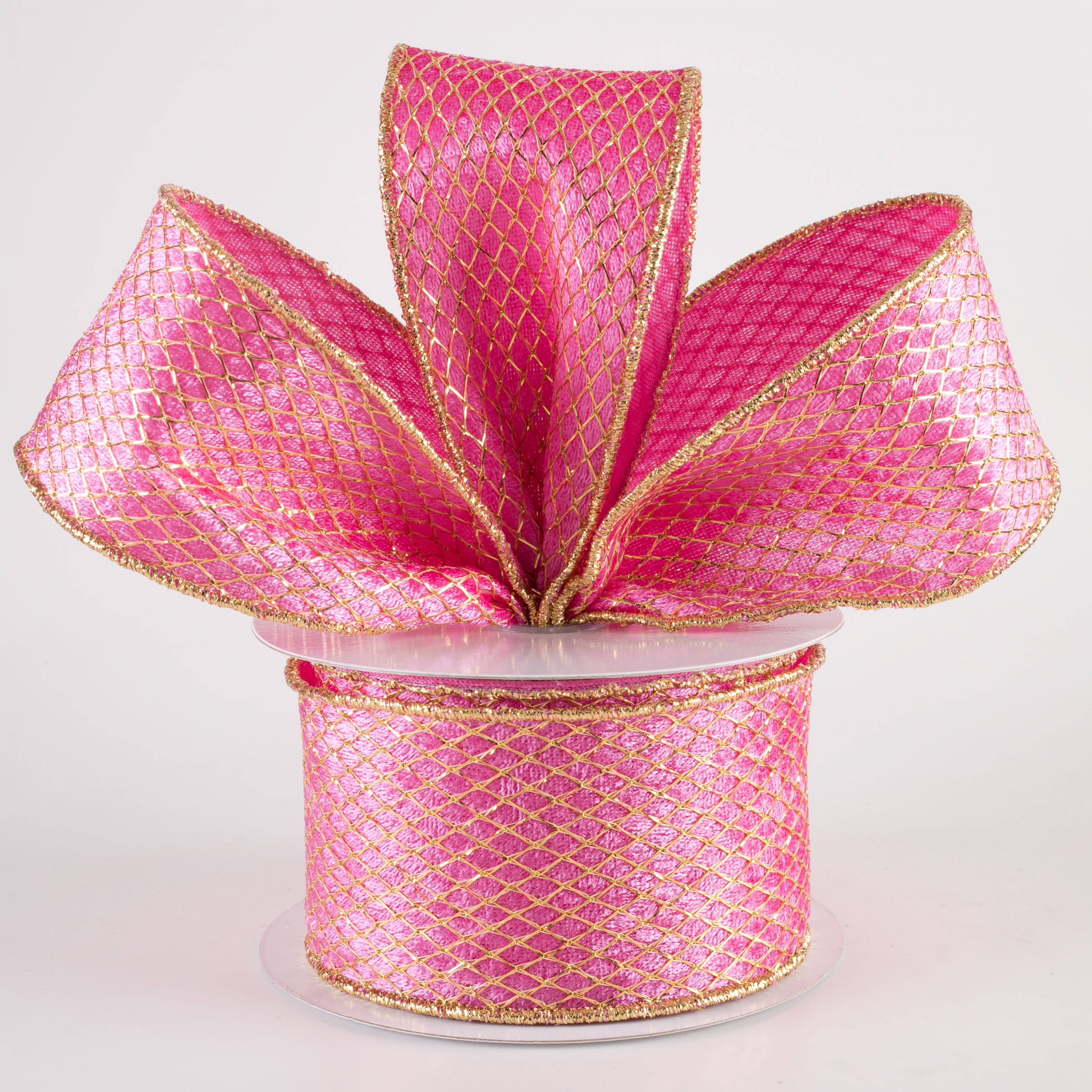 2.5" Gold Net Overlay Velvet Ribbon: Pink (10 Yards) Lifestyle Photo
