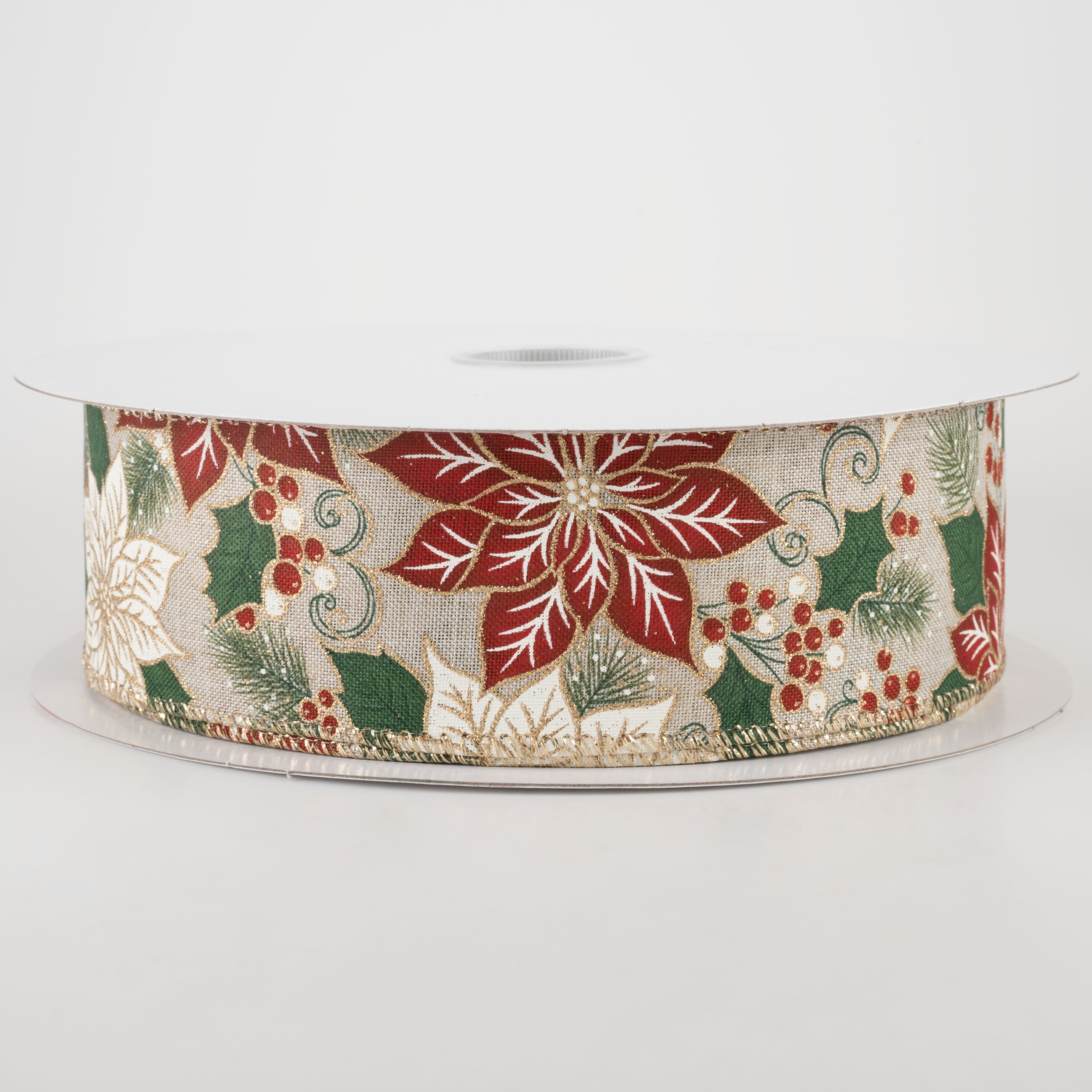 2.5" Golden Edge Poinsettia and Holly Ribbon (50 Yards)