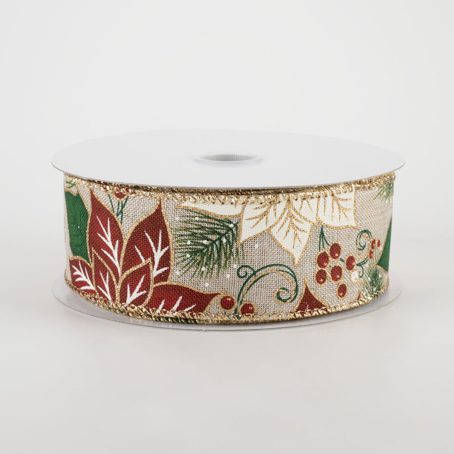 1.5" Golden Edge Poinsettia and Holly Ribbon (10 Yards)