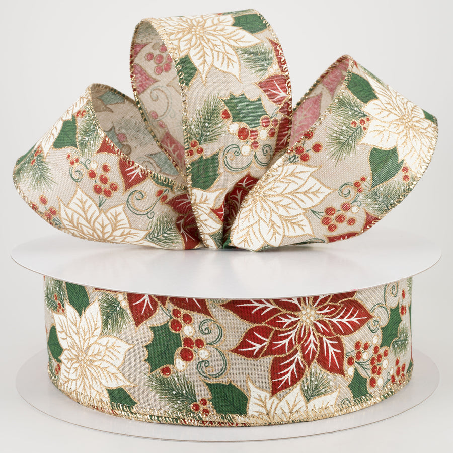 2.5" Golden Edge Poinsettia and Holly Ribbon (50 Yards) Lifestyle Photo