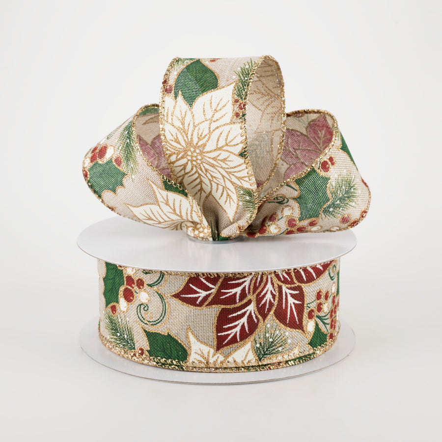 1.5" Golden Edge Poinsettia and Holly Ribbon (10 Yards) Lifestyle Photo