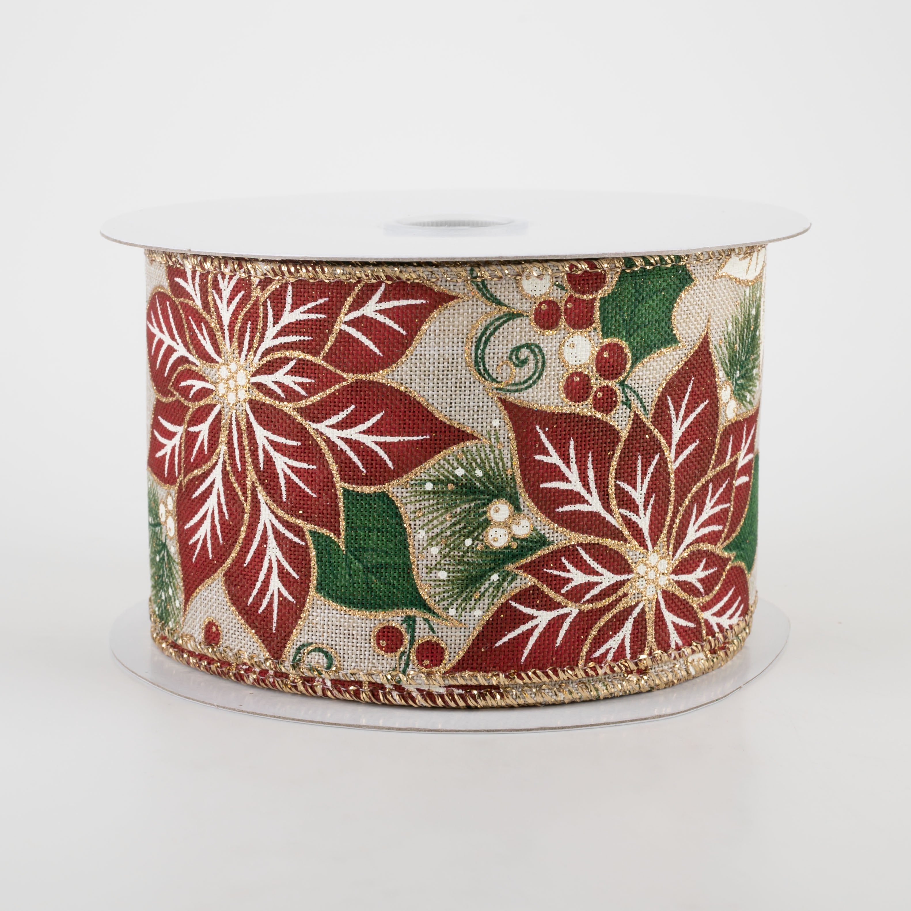 2.5" Golden Edge Poinsettia and Holly Ribbon Ribbon (10 Yards) Item Number: 71180-40-15