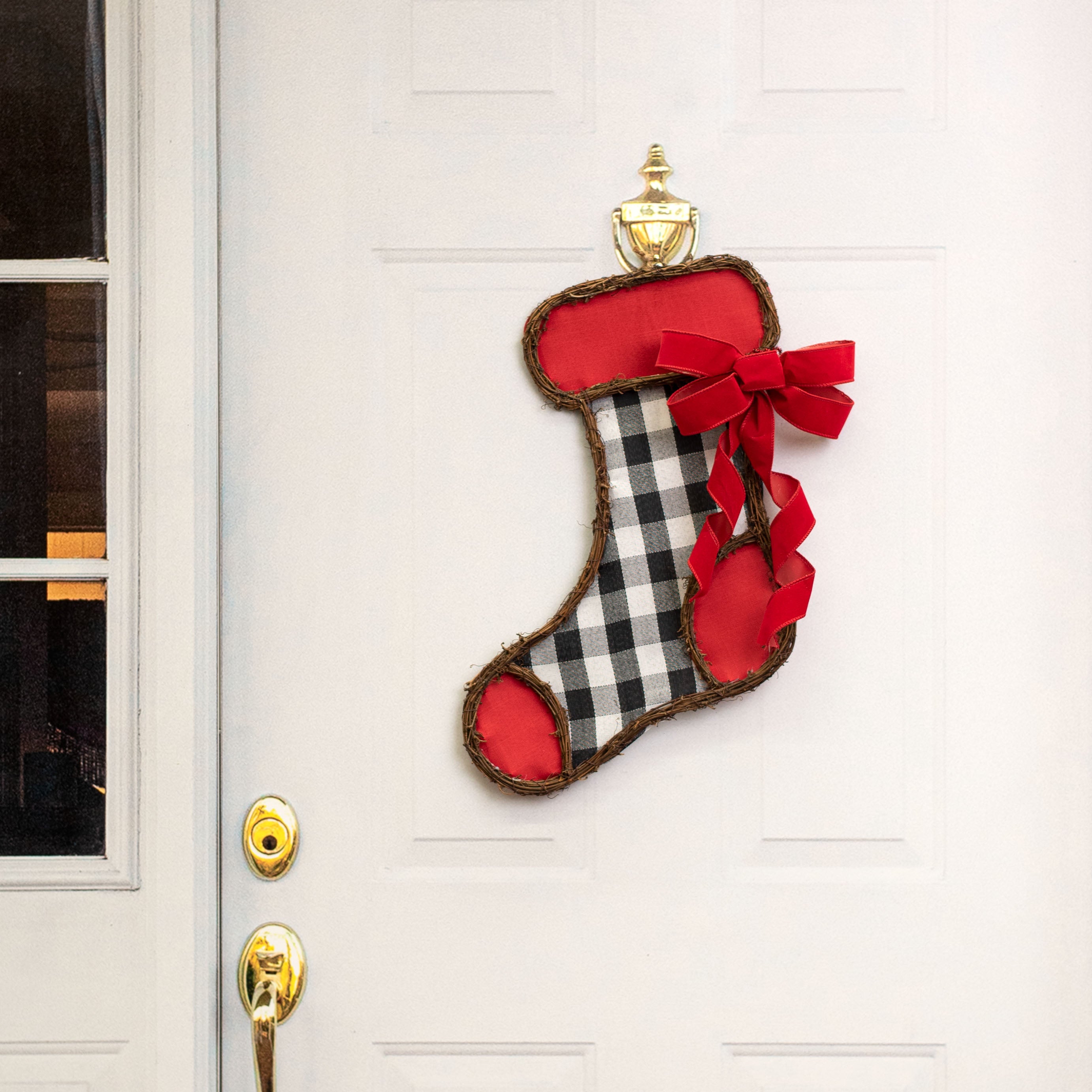 20.5" Grapevine Hanger: BW Buffalo Plaid Stocking Lifestyle Photo