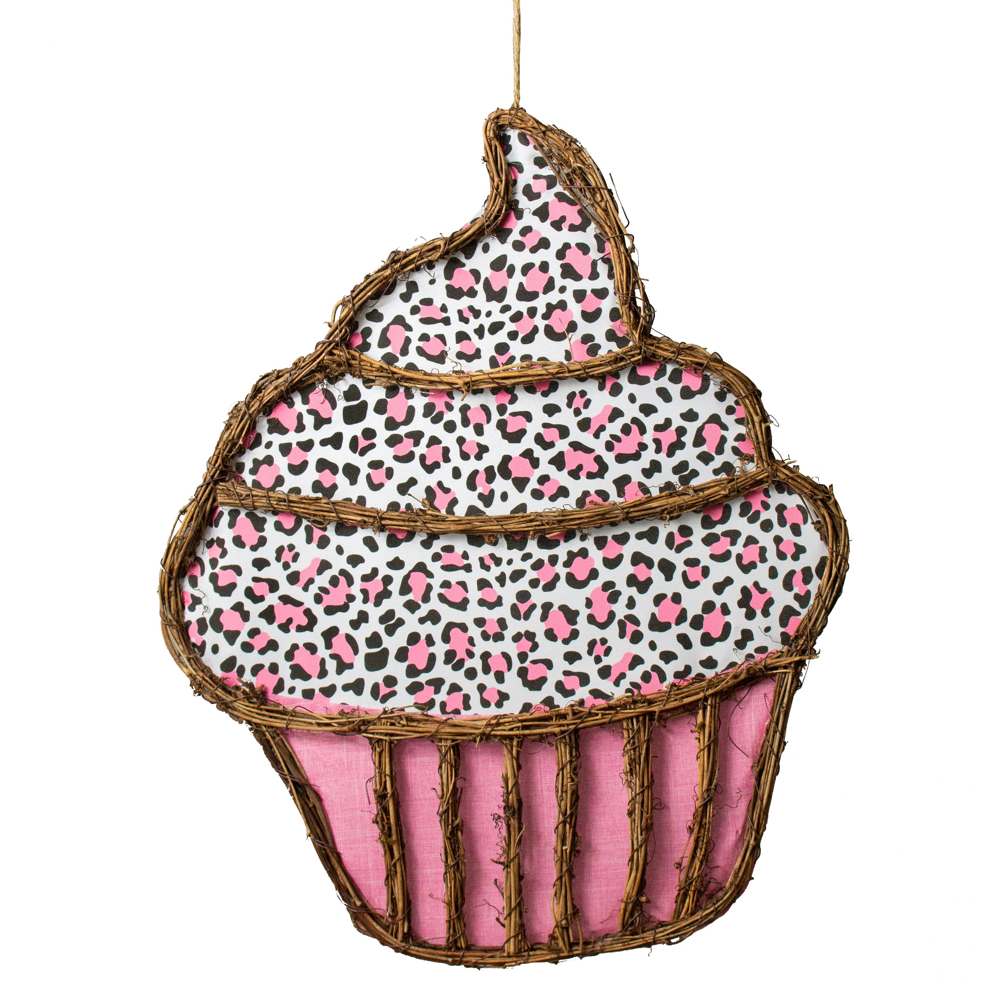 21" Grapevine Hanger: Pink Leopard Cupcake Item Number: KG3071