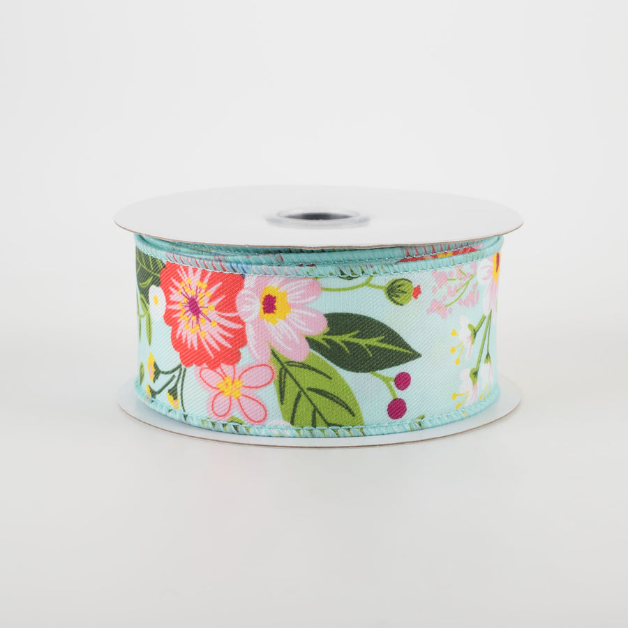 1.5" Graphic Florals Ribbon: Aqua, Pink, Blue, Green (10 Yards)