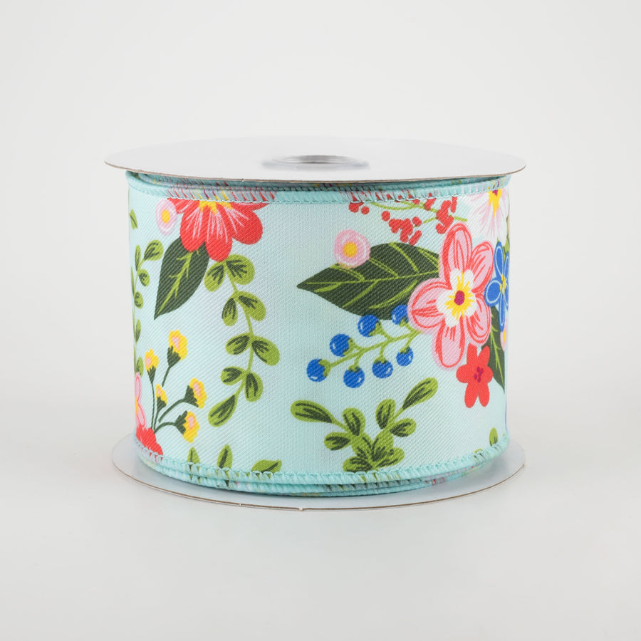 2.5" Graphic Florals Ribbon: Aqua, Pink, Blue, Green (10 Yards)