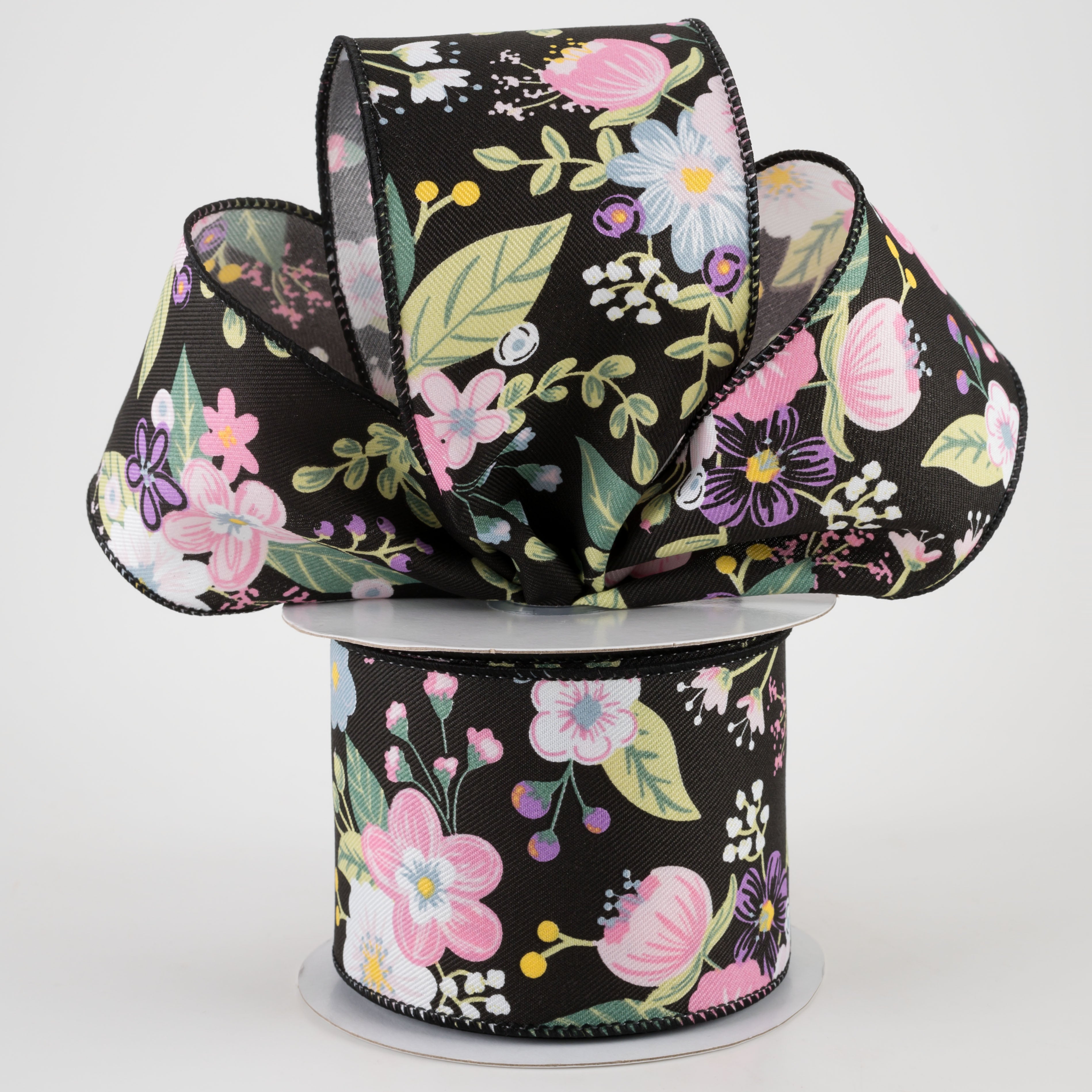 2.5" Graphic Florals Ribbon: Black, Pink, Blue, Green (10 Yards) Lifestyle Photo