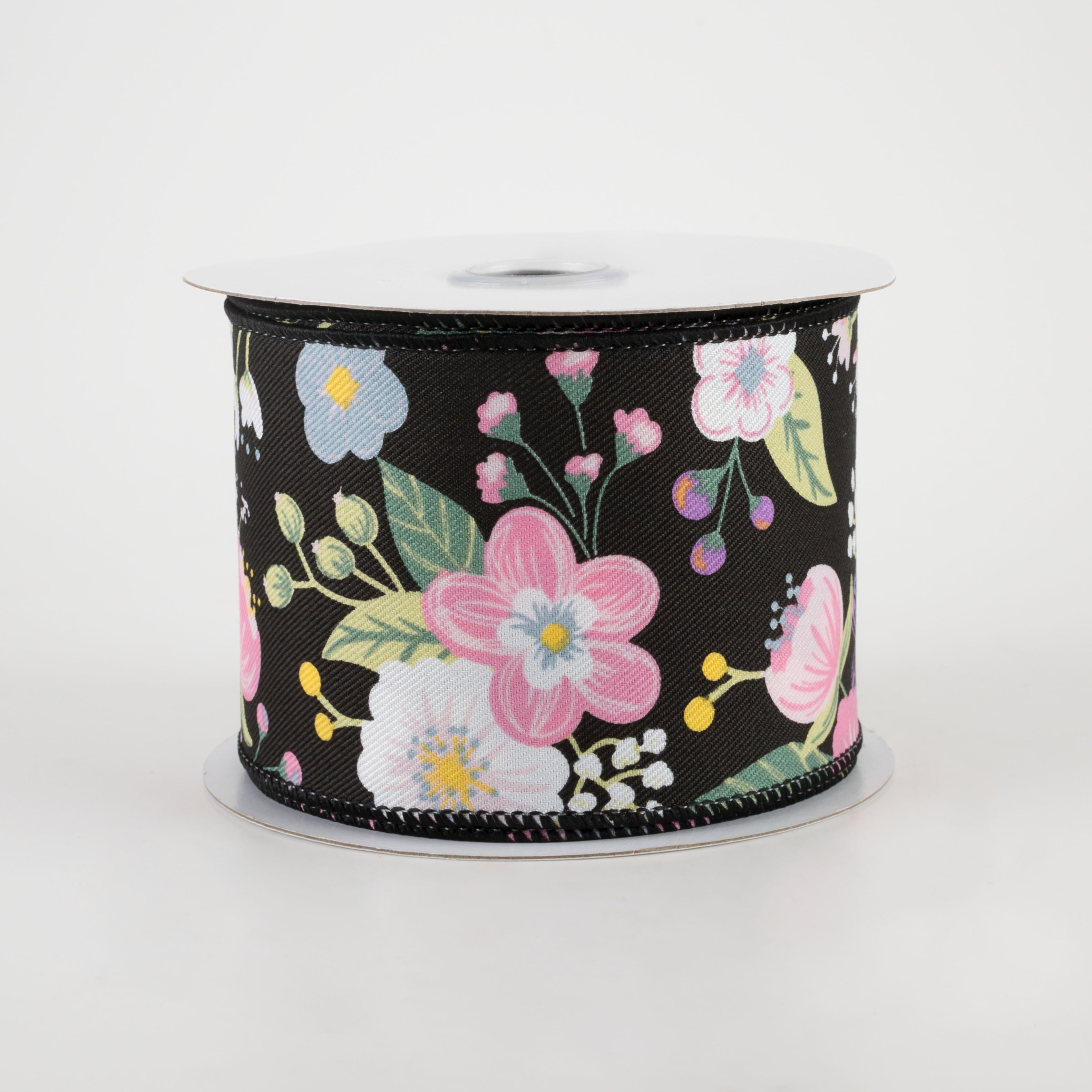 2.5" Graphic Florals Ribbon: Black, Pink, Blue, Green (10 Yards)