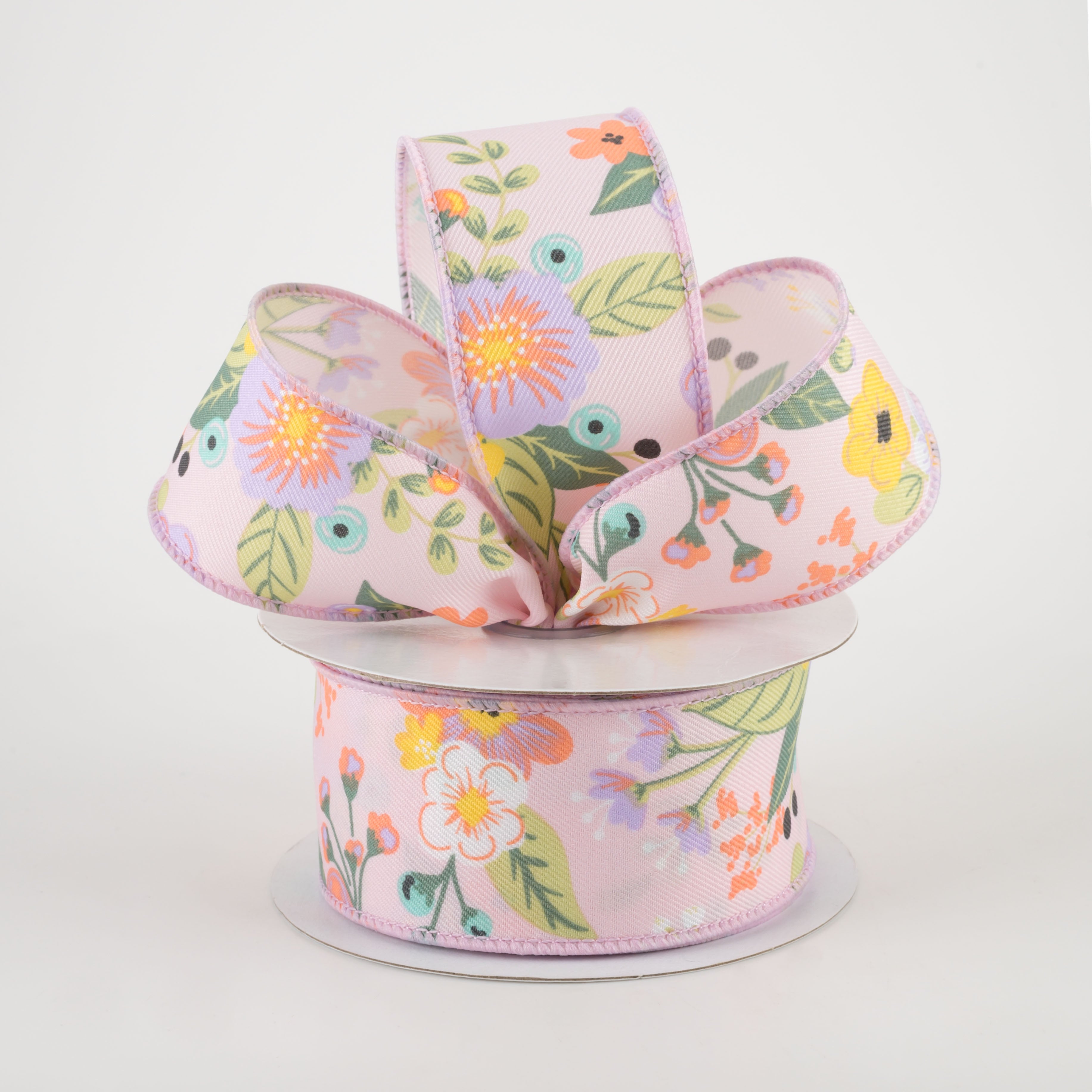 1.5" Graphic Florals Ribbon: Light Pink, Peach, Lavender, Sage (10 Yards) Lifestyle Photo