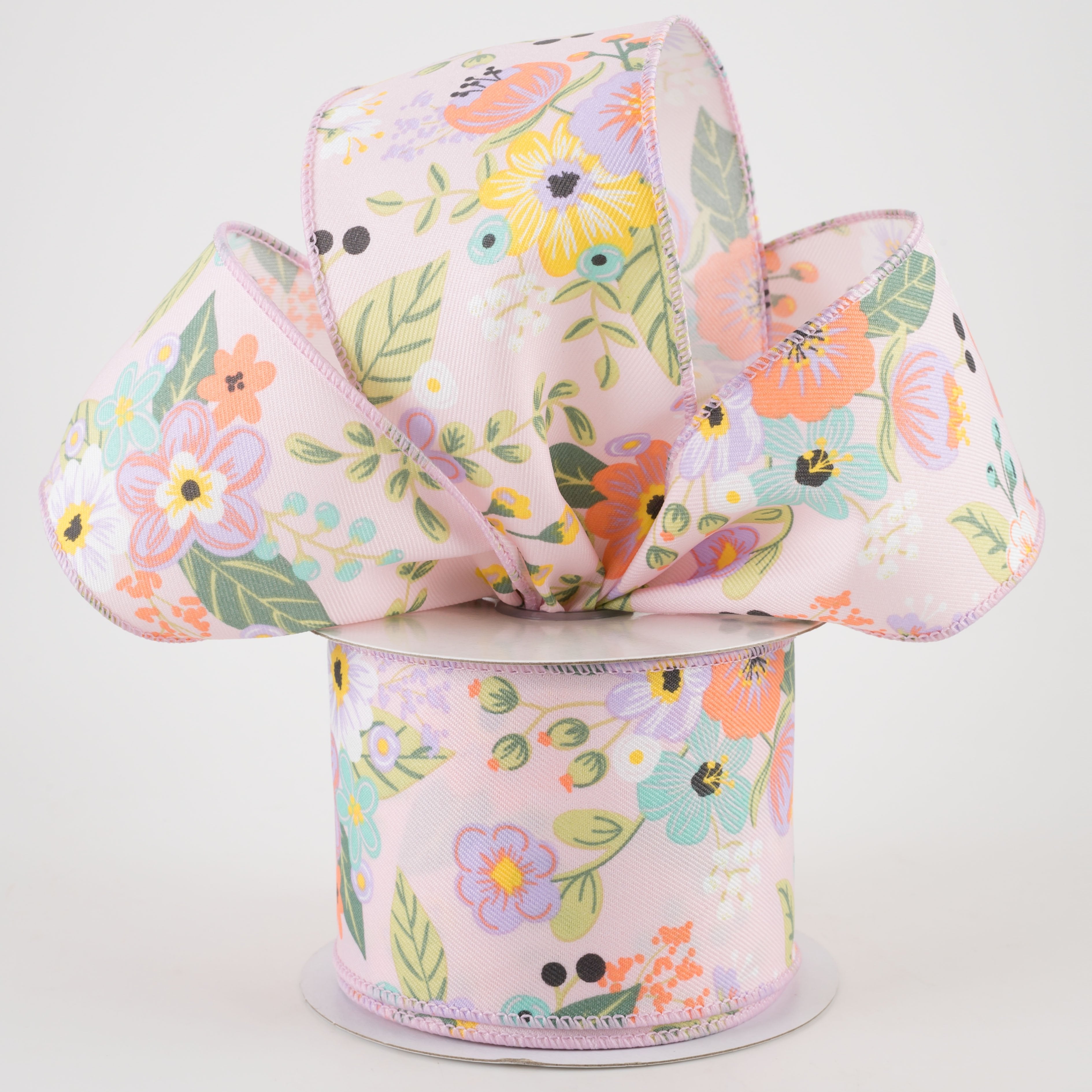 2.5" Graphic Florals Ribbon: Light Pink, Peach, Lavender, Sage (10 Yards) Lifestyle Photo