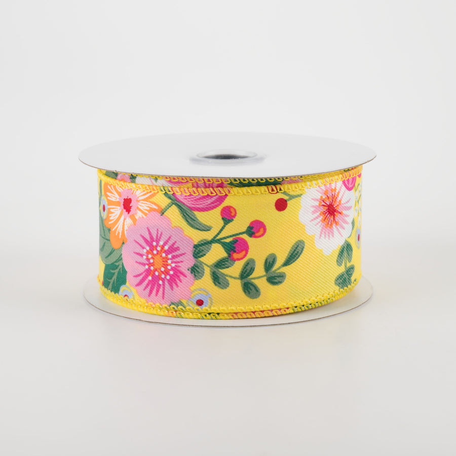 1.5" Graphic Florals Ribbon: Yellow, Pink, Orange, Green (10 Yards)