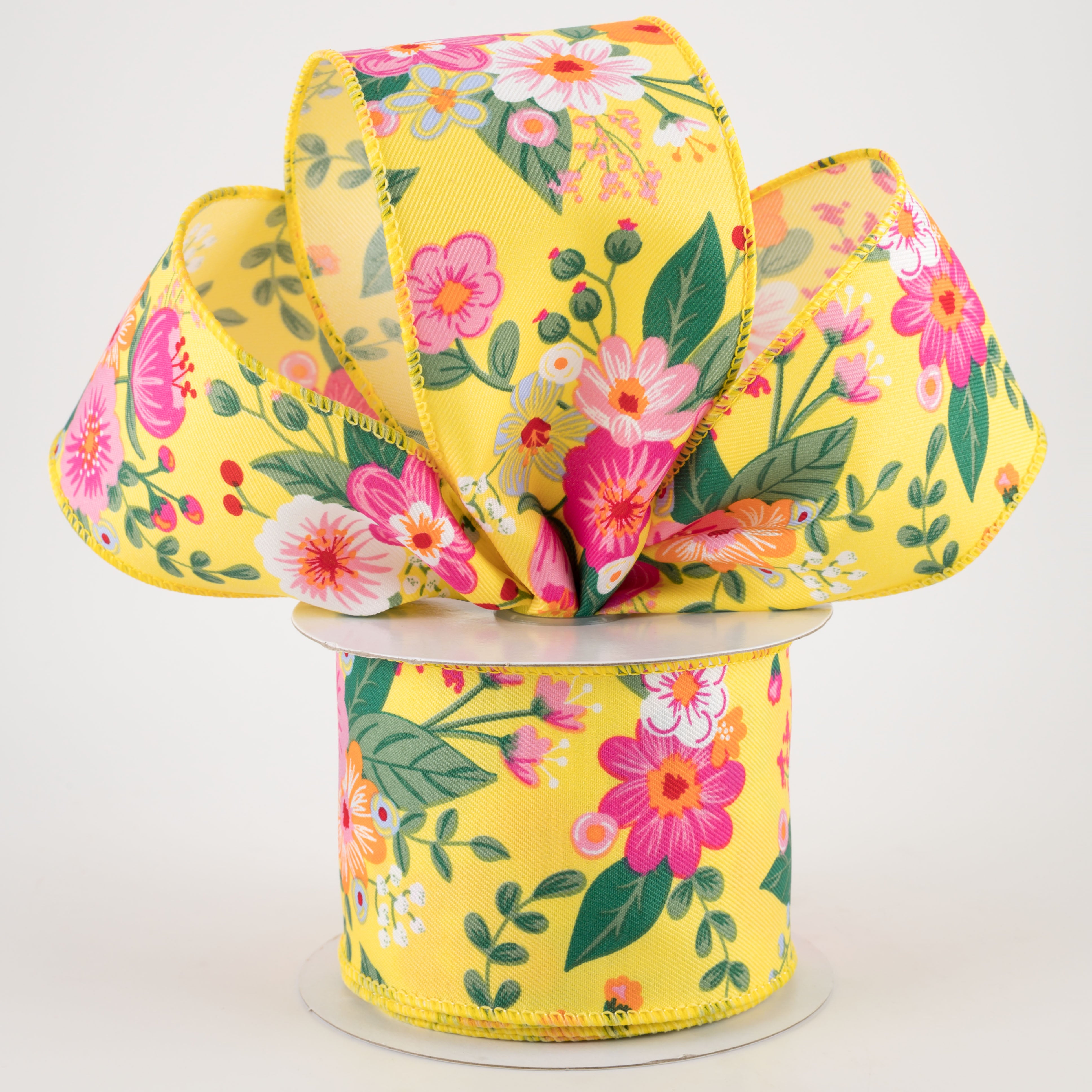 2.5" Graphic Florals Ribbon: Yellow, Pink, Orange, Green (10 Yards) Lifestyle Photo