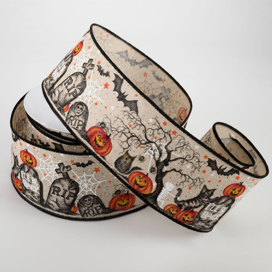 2.5" Graveyard & Jack-O-Lantern Ribbon: Light Natural (10 Yards) Lifestyle Photo
