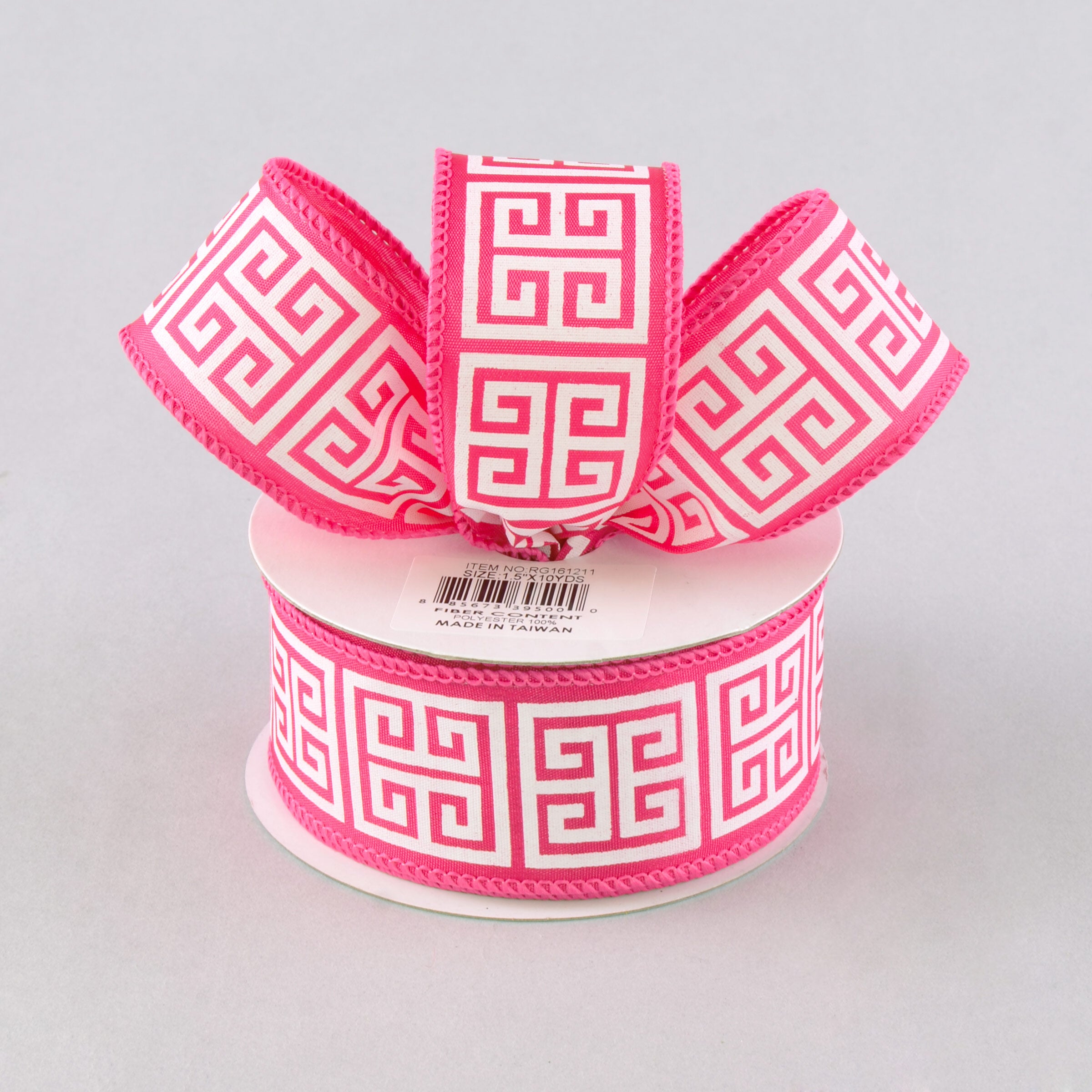 1.5" Greek Key Satin Ribbon: Hot Pink & White (10 Yards) Lifestyle Photo