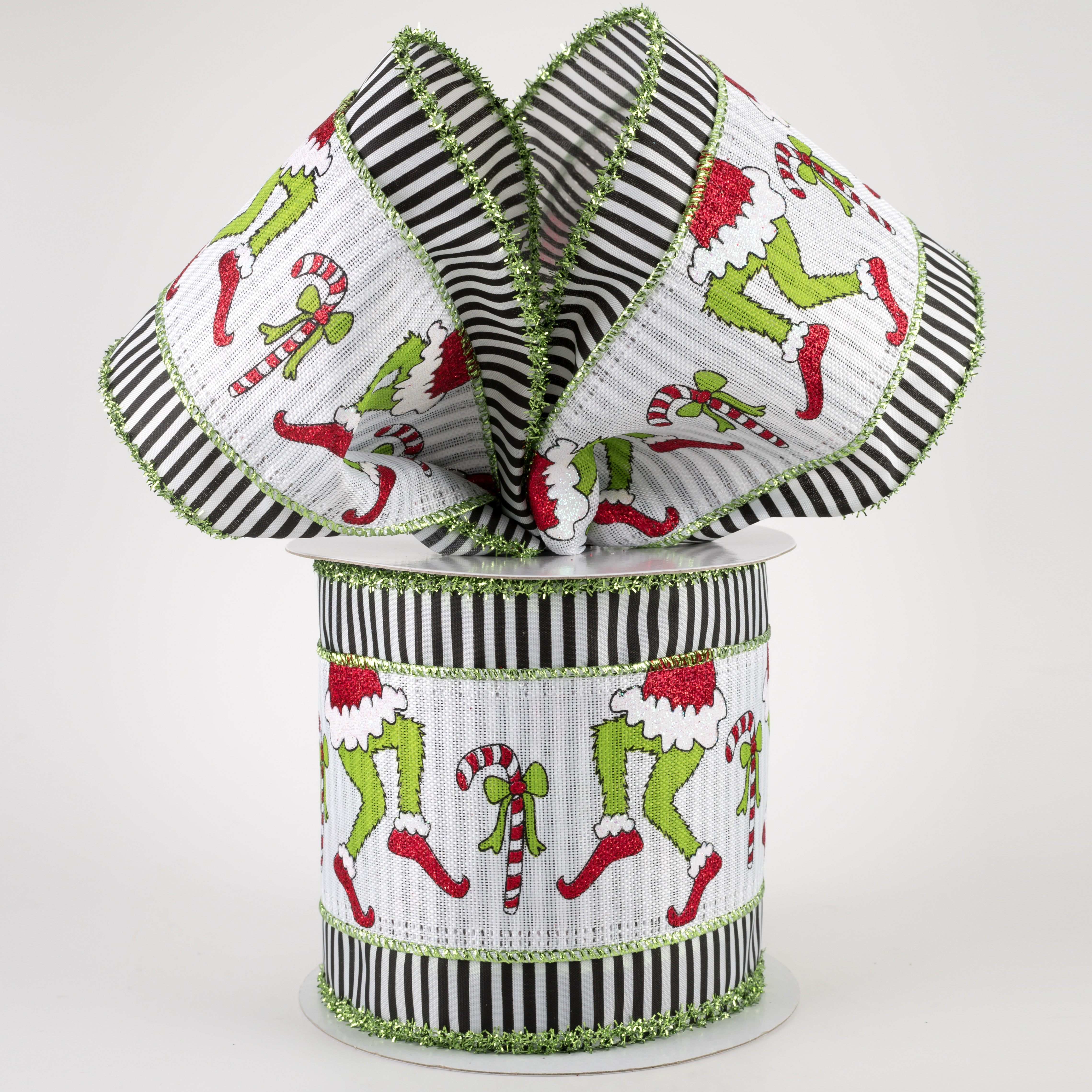4" Green Monster Legs Ribbon With Black/White Striped Edge (10 Yards) Lifestyle Photo