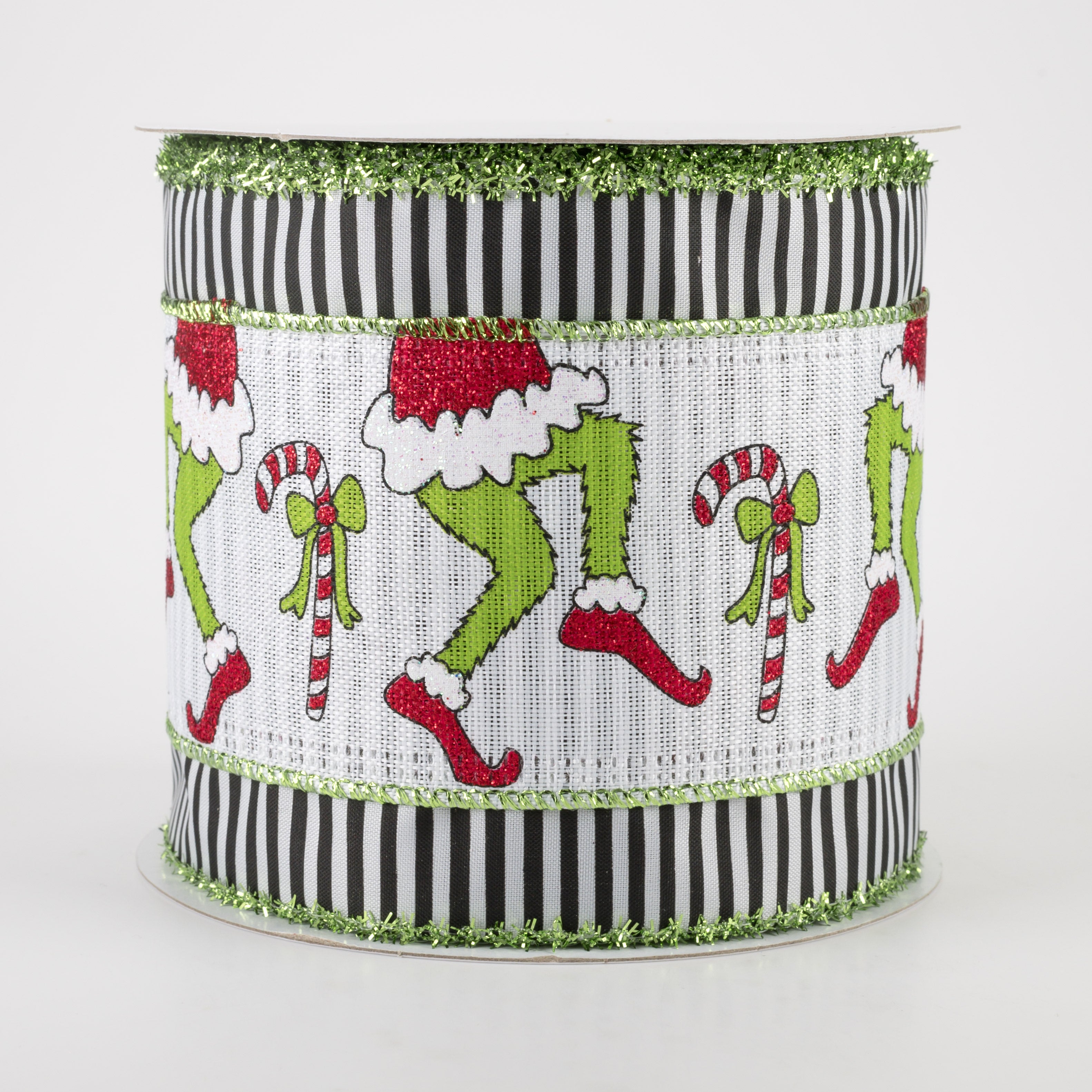 4" Green Monster Legs Ribbon With Black/White Striped Edge (10 Yards) Item Number: 75152-04-20