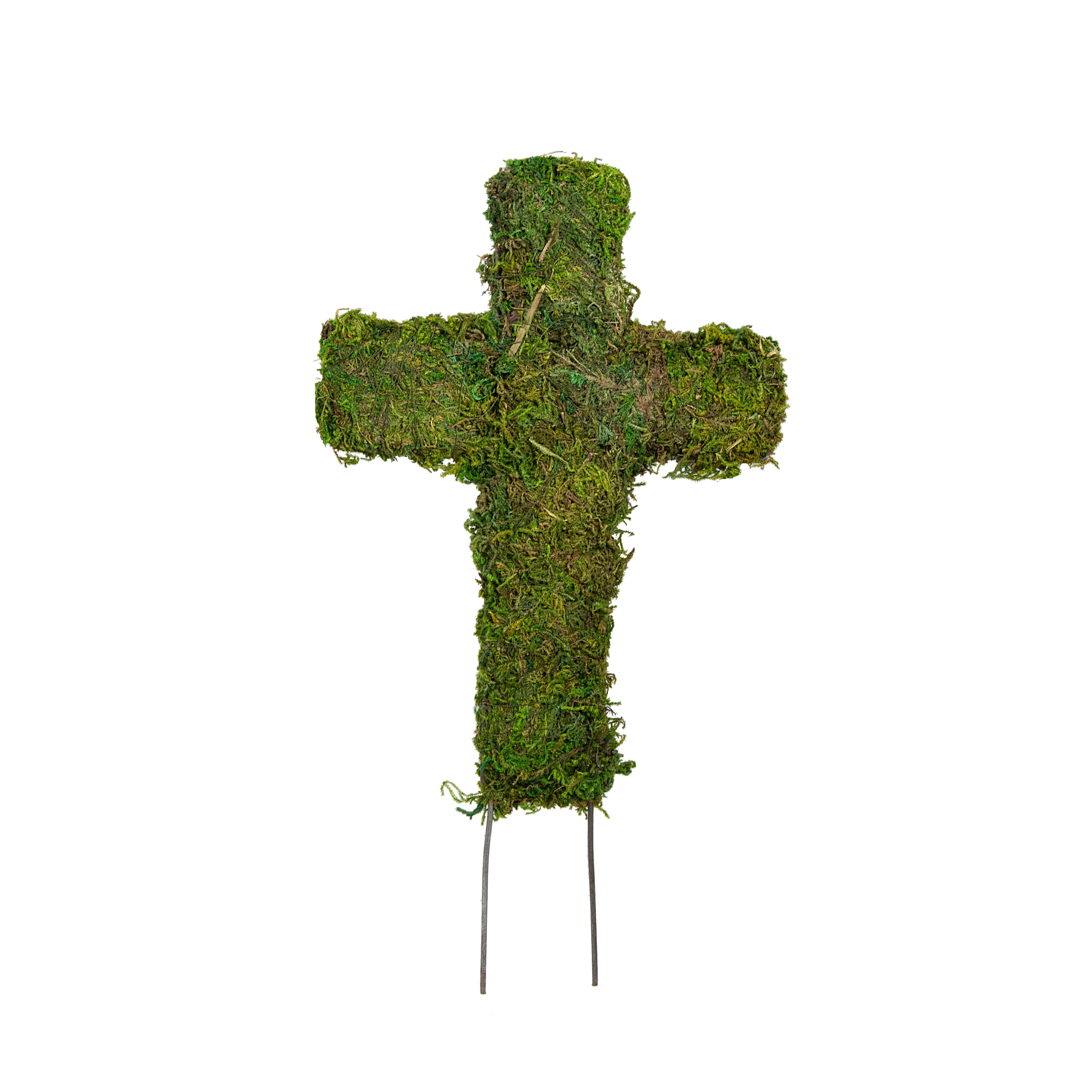 8.5" Green Sheet Moss Cross Stake Item Number: KC1078