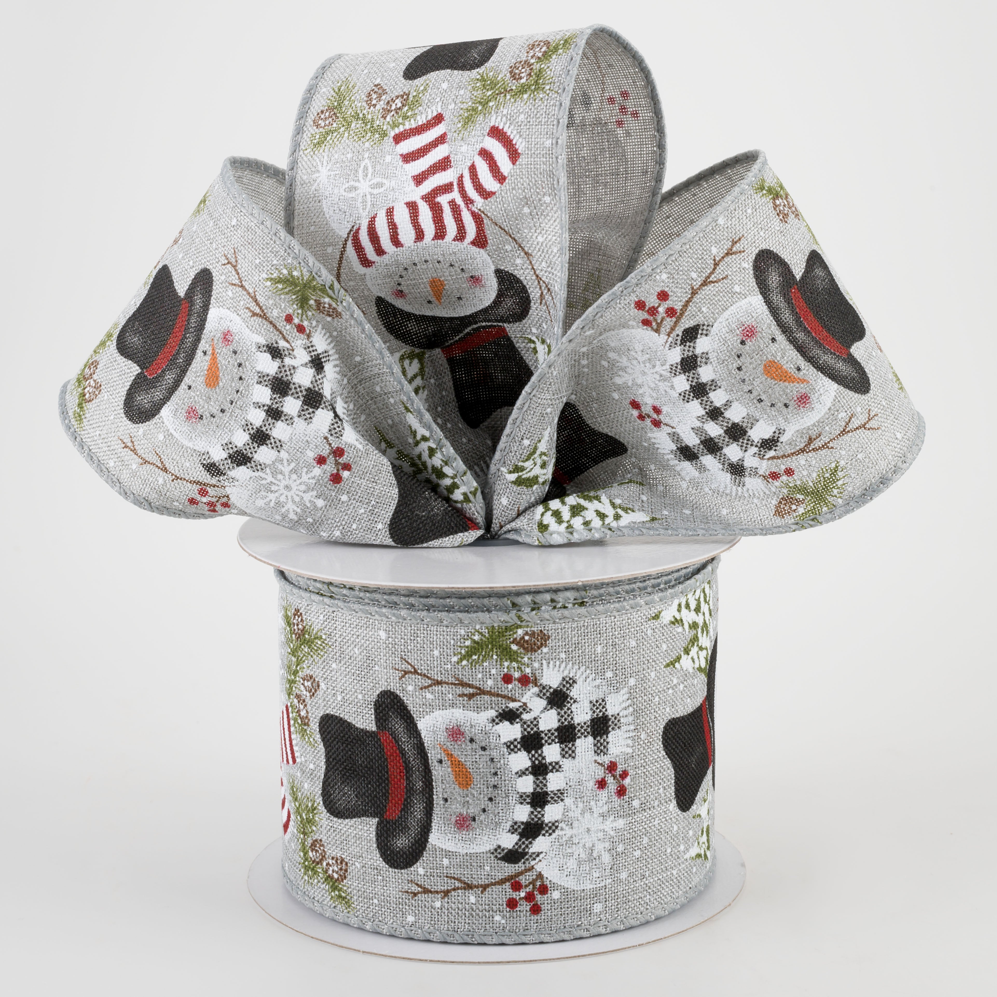 2.5" Grey Linen Snowman With Scarf Ribbon (10 Yards) Lifestyle Photo