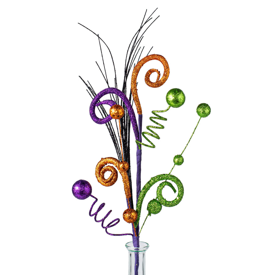 18" Halloween Glitter Curly Ball Pick: Orange, Lime Green, Purple Item Number: 82509HAL