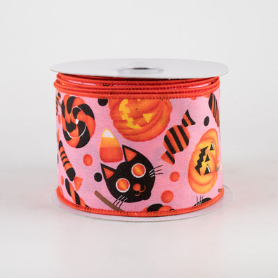 2.5" Halloween Pumpkin, Cat & Candy Ribbon: Light Pink (10 Yards)