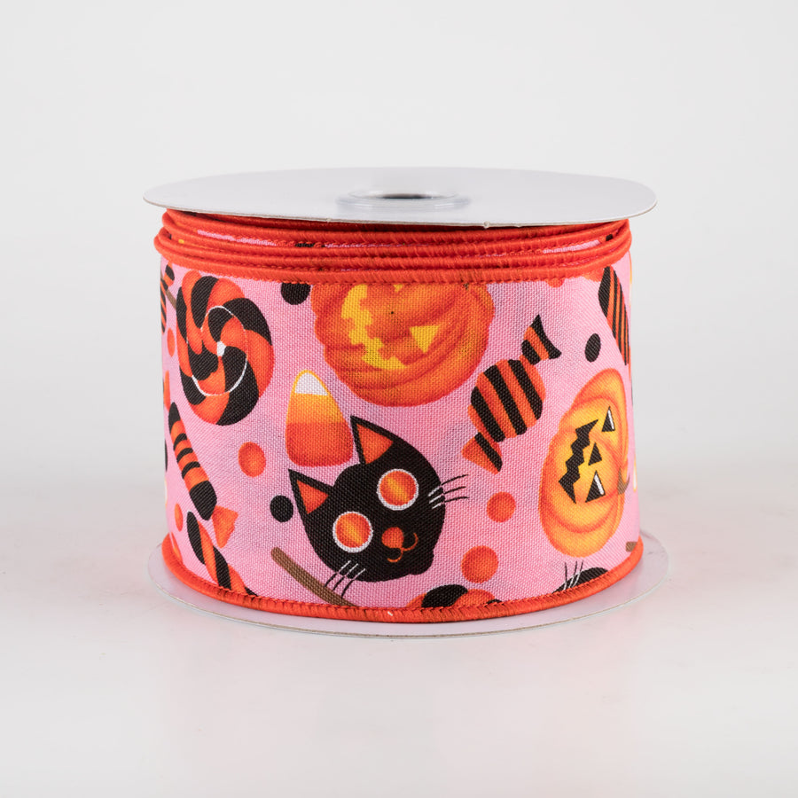 2.5" Halloween Pumpkin, Cat & Candy Ribbon: Light Pink (10 Yards)