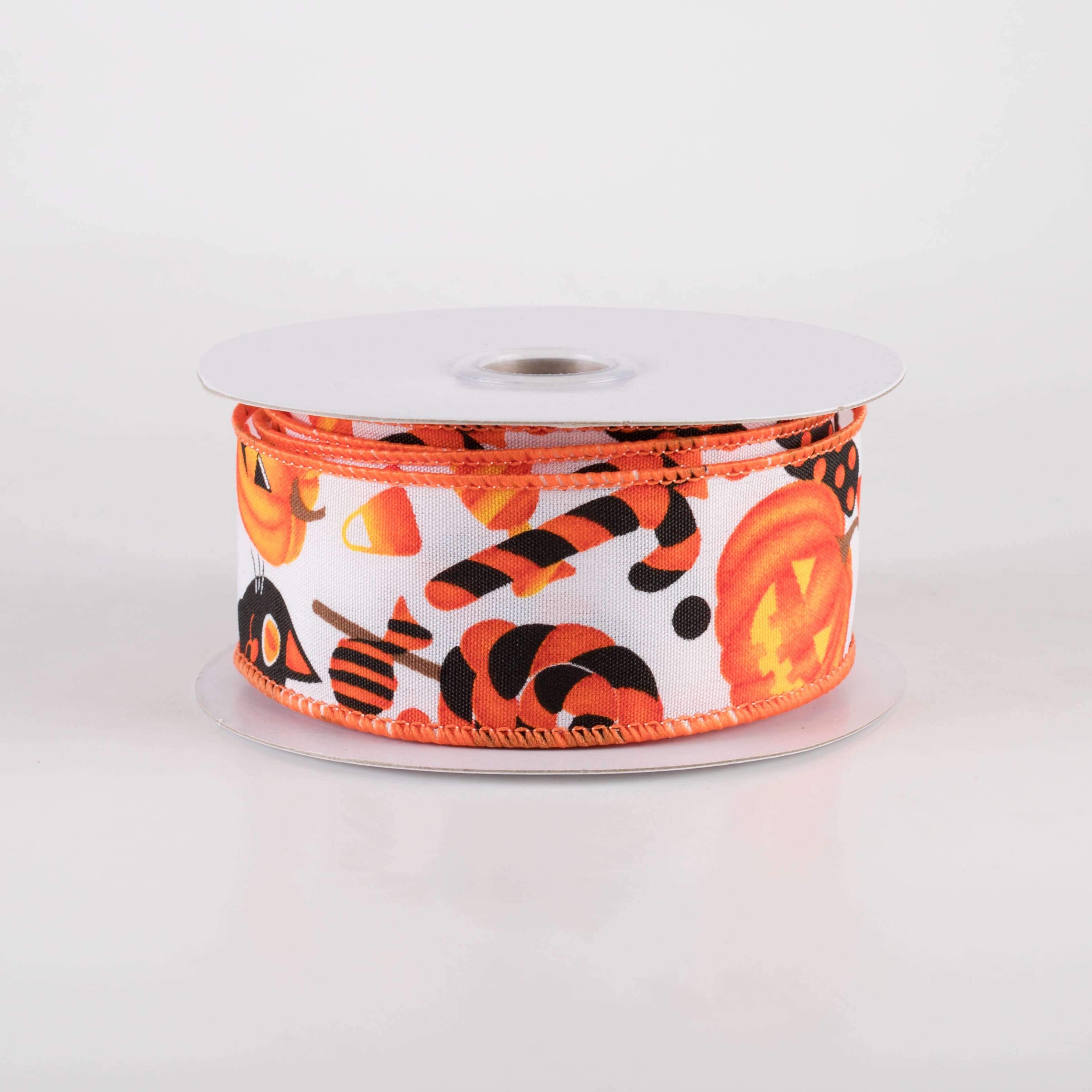 1.5" Halloween Pumpkin, Cat & Candy Ribbon: White (10 Yards) Item Number: 58441-09-01