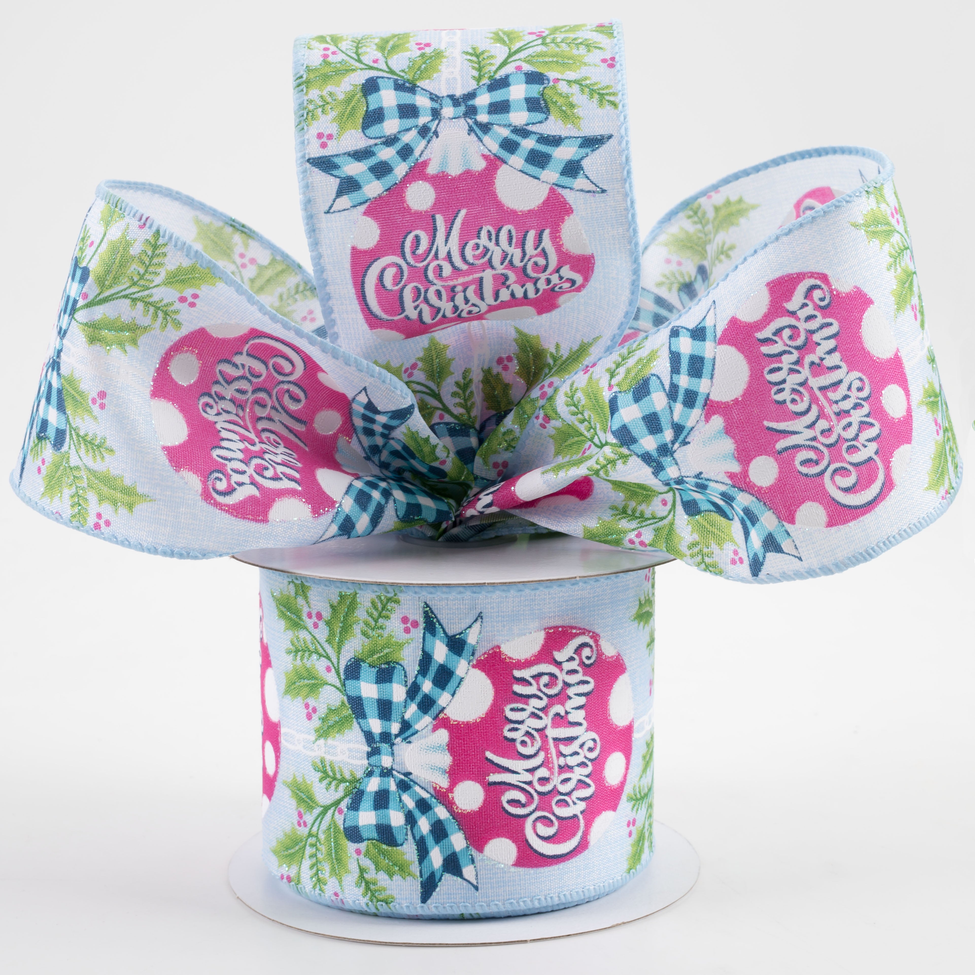 2.5" Hanging Christmas Ornament Holly Ribbon: Light Blue & Pink (10 Yards) Lifestyle Photo